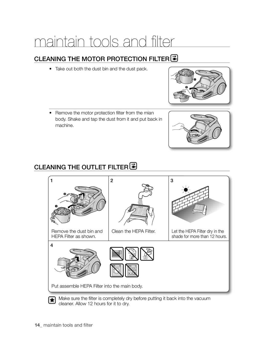 Samsung VCC8790H3K/XEE manual Cleaning the Motor Protection Filter, Cleaning the Outlet Filter, Hepa Filter as shown 