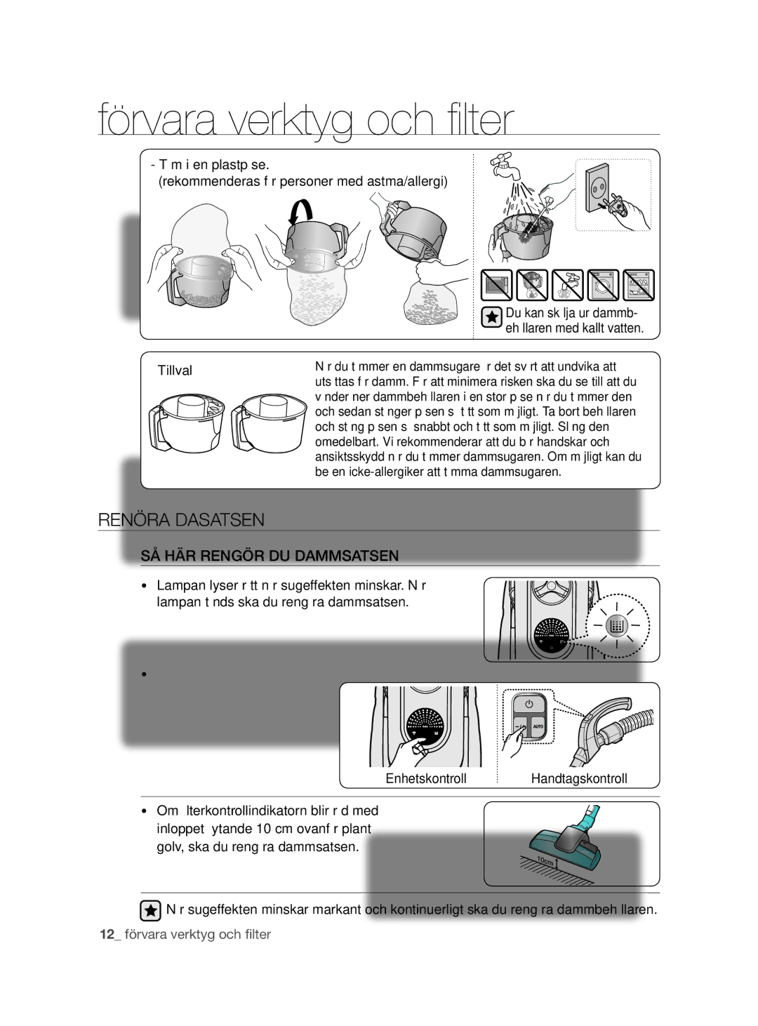 Samsung VCC8790H3K/XEE manual Rengöra Dammsatsen, SÅ HÄR Rengör DU Dammsatsen, Tillval 