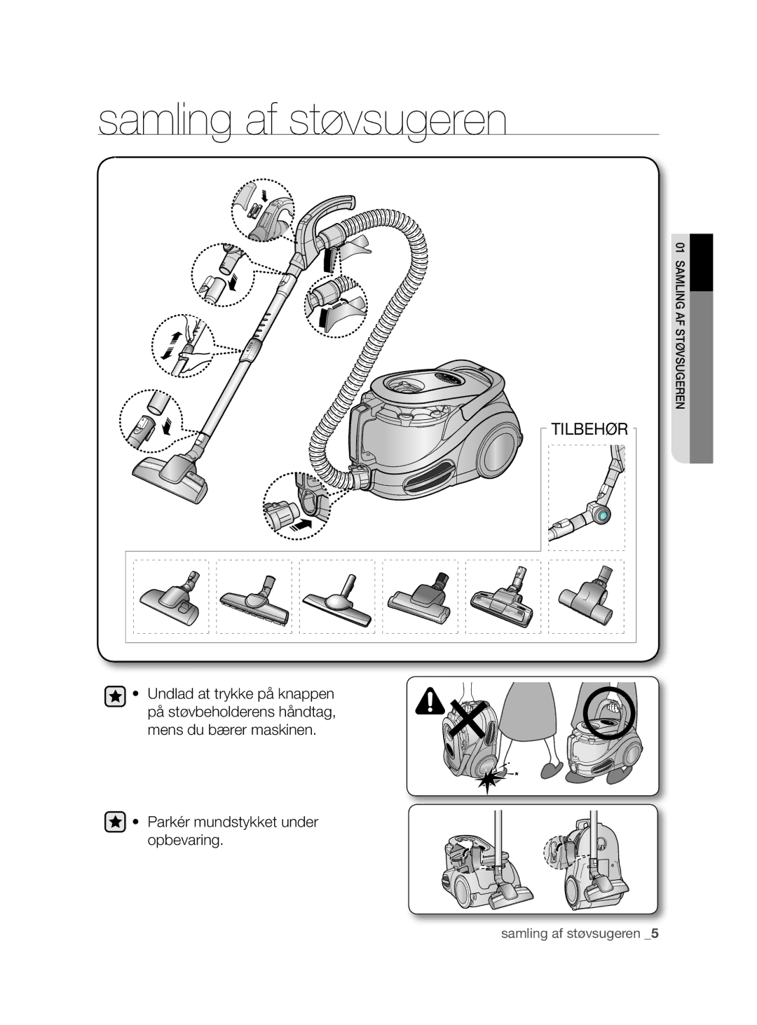 Samsung VCC8790H3K/XEE manual Samling af støvsugeren, Tilbehør 