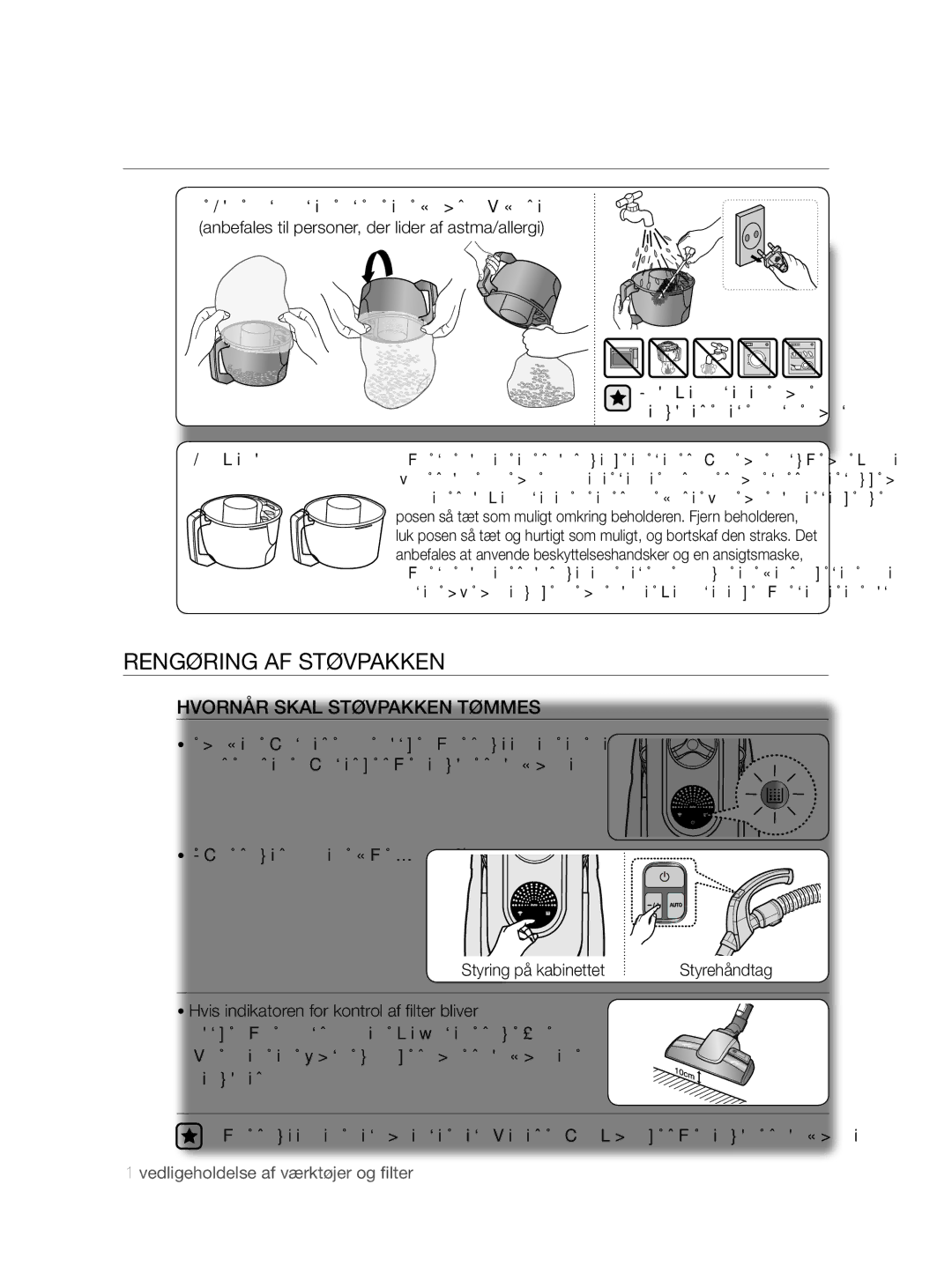 Samsung VCC8790H3K/XEE manual Rengøring AF Støvpakken, Hvornår Skal Støvpakken Tømmes, Tilbehør 