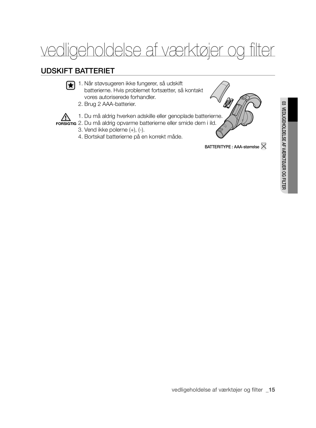 Samsung VCC8790H3K/XEE manual Udskift Batteriet 