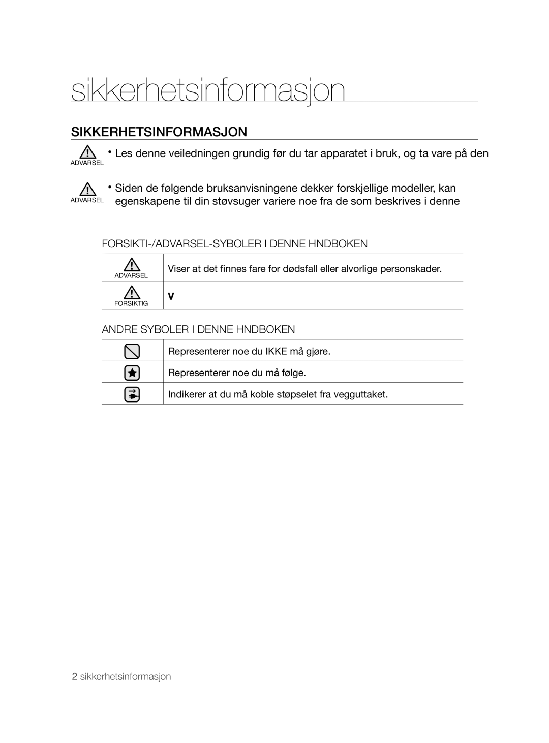 Samsung VCC8790H3K/XEE manual Sikkerhetsinformasjon, FORSIKTIG-/ADVARSEL-SYMBOLER I Denne Håndboken 