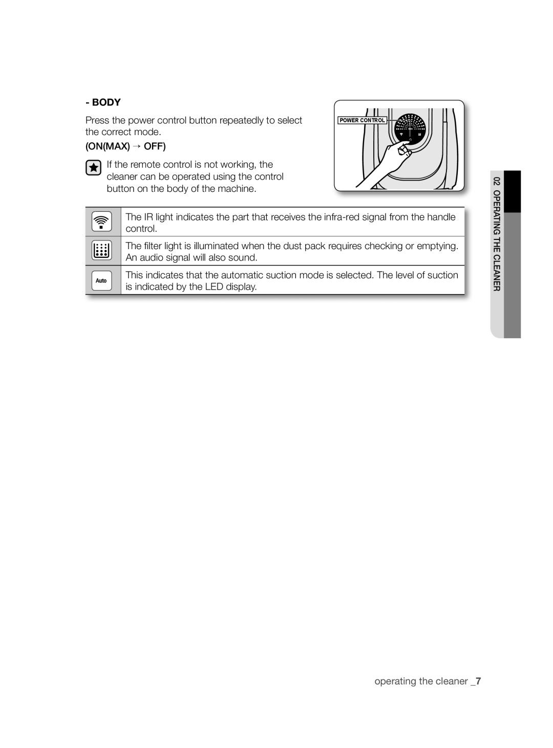 Samsung VCC8790H3K/XEE manual Body, Onmax → OFF 