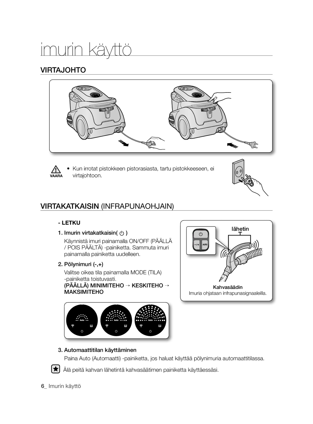 Samsung VCC8790H3K/XEE manual Imurin käyttö, Virtajohto, Virtakatkaisin Infrapunaohjain, Letku 