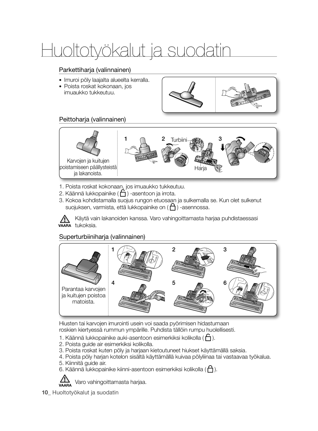 Samsung VCC8790H3K/XEE manual Parkettiharja valinnainen, Peittoharja valinnainen, Superturbiiniharja valinnainen, Turbiini 