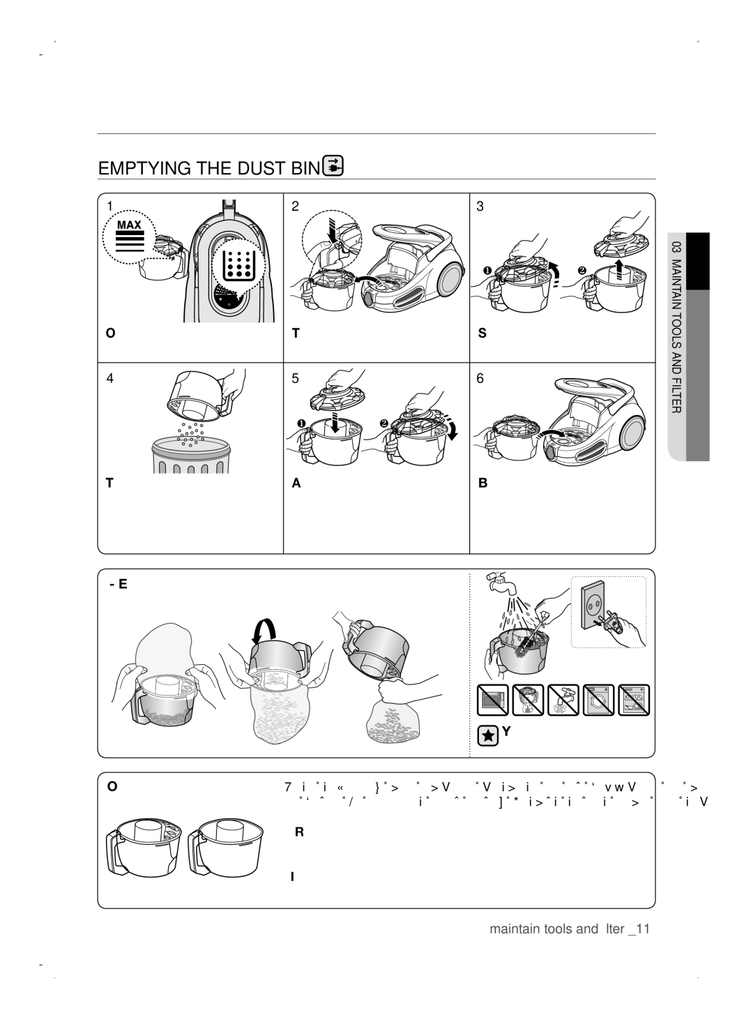 Samsung VCC8790H4A/XEU manual Emptying the dust bin 