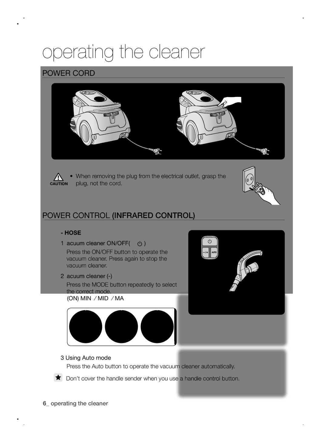 Samsung VCC8790H4A/XEU manual Operating the cleaner, Power Cord, Power Control Infrared control 