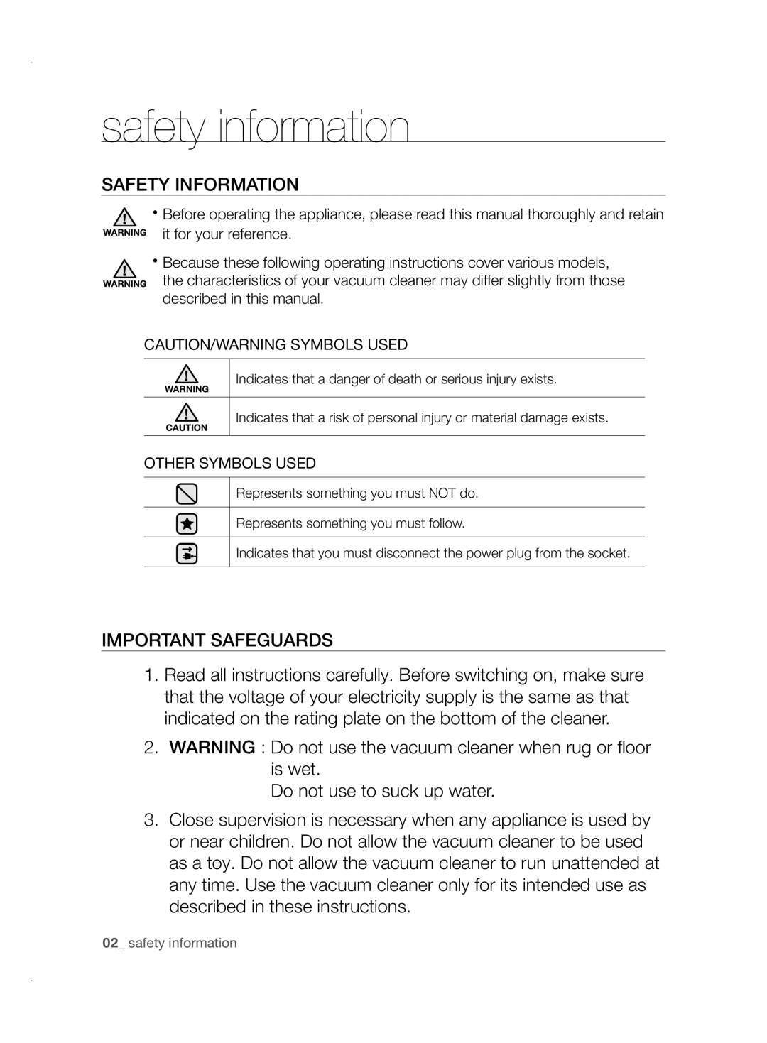 Samsung VCC87H0H3K/XEG manual Safety information, Safety Information, Important Safeguards, Other Symbols Used 