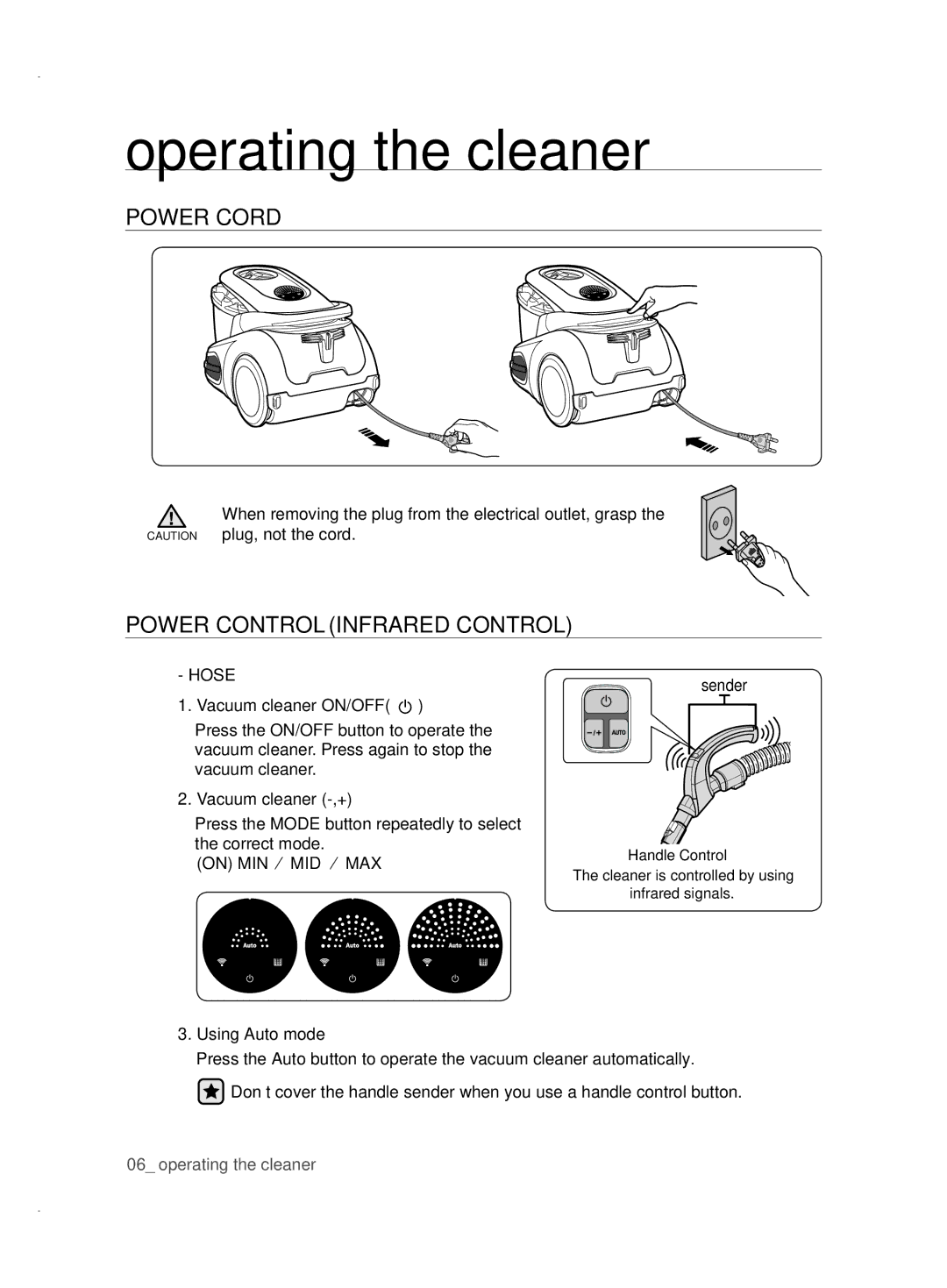 Samsung VCC87H0H3K/XEG manual Operating the cleaner, Power Cord, Power Control Infrared Control, Hose 