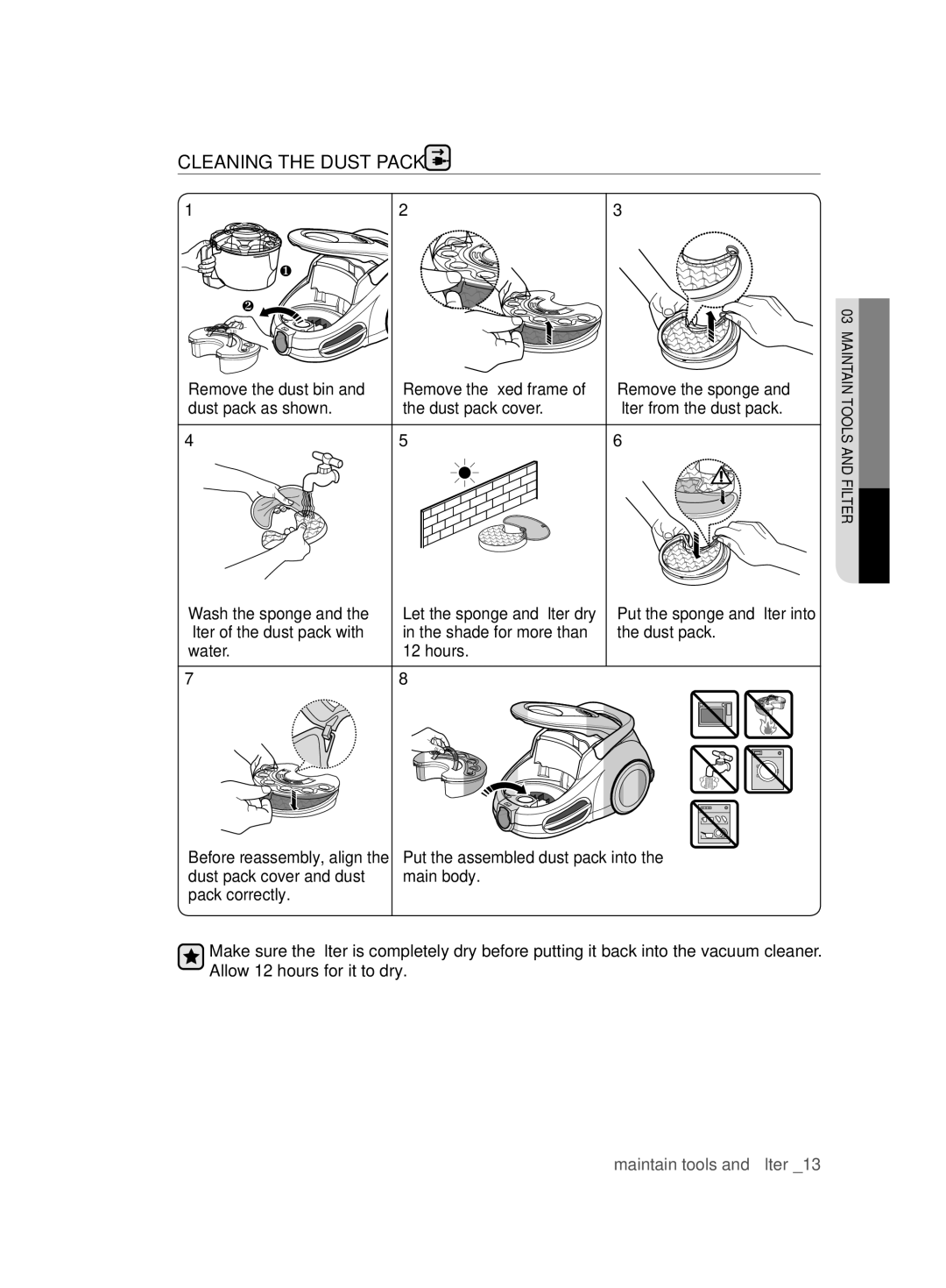 Samsung VCC87H0H3K/XEG manual Cleaning the Dust Pack, Remove the sponge, Dust pack, Water Hours 