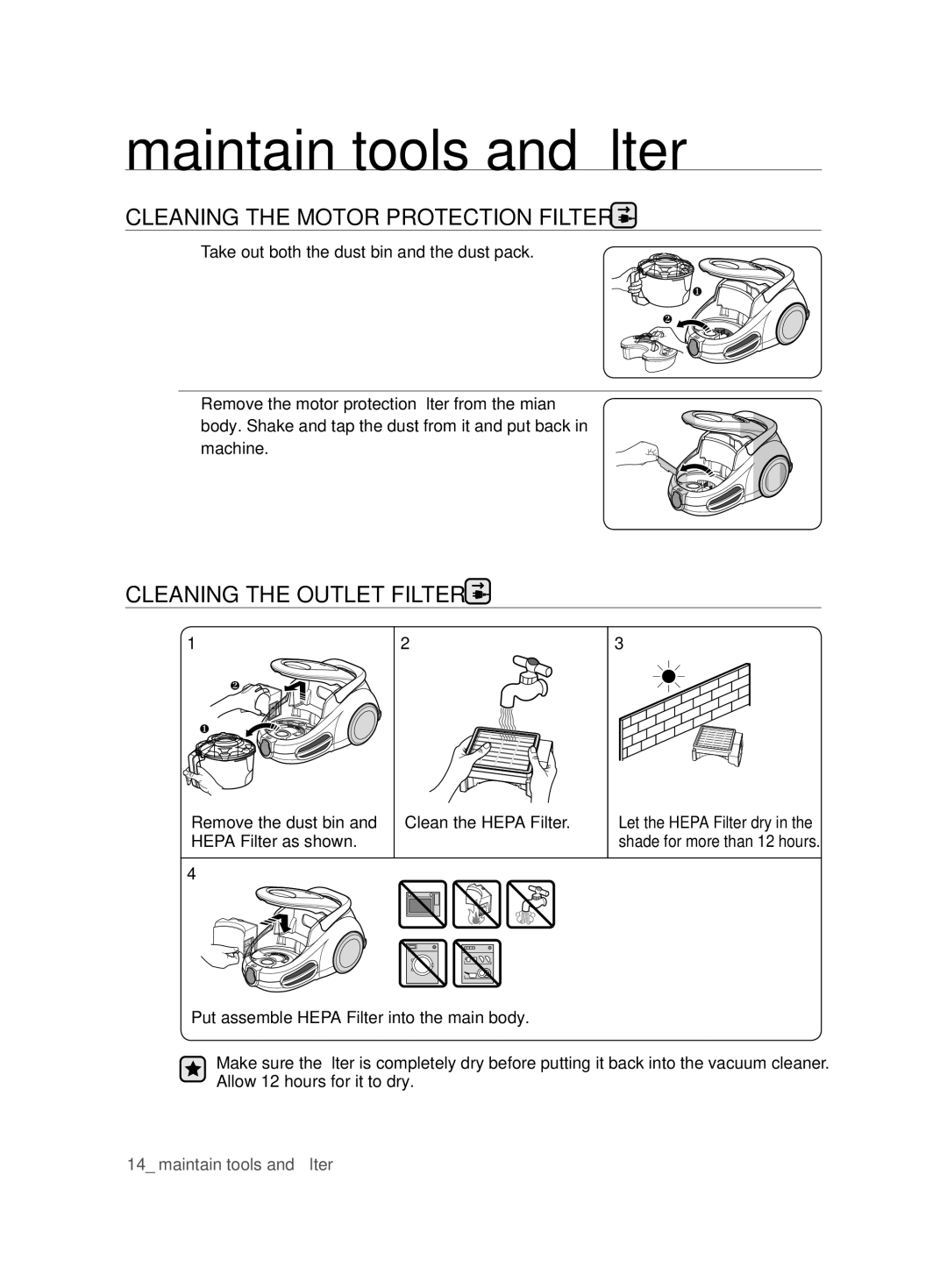 Samsung VCC87H0H3K/XEG manual Cleaning the Motor Protection Filter, Cleaning the Outlet Filter, Hepa Filter as shown 