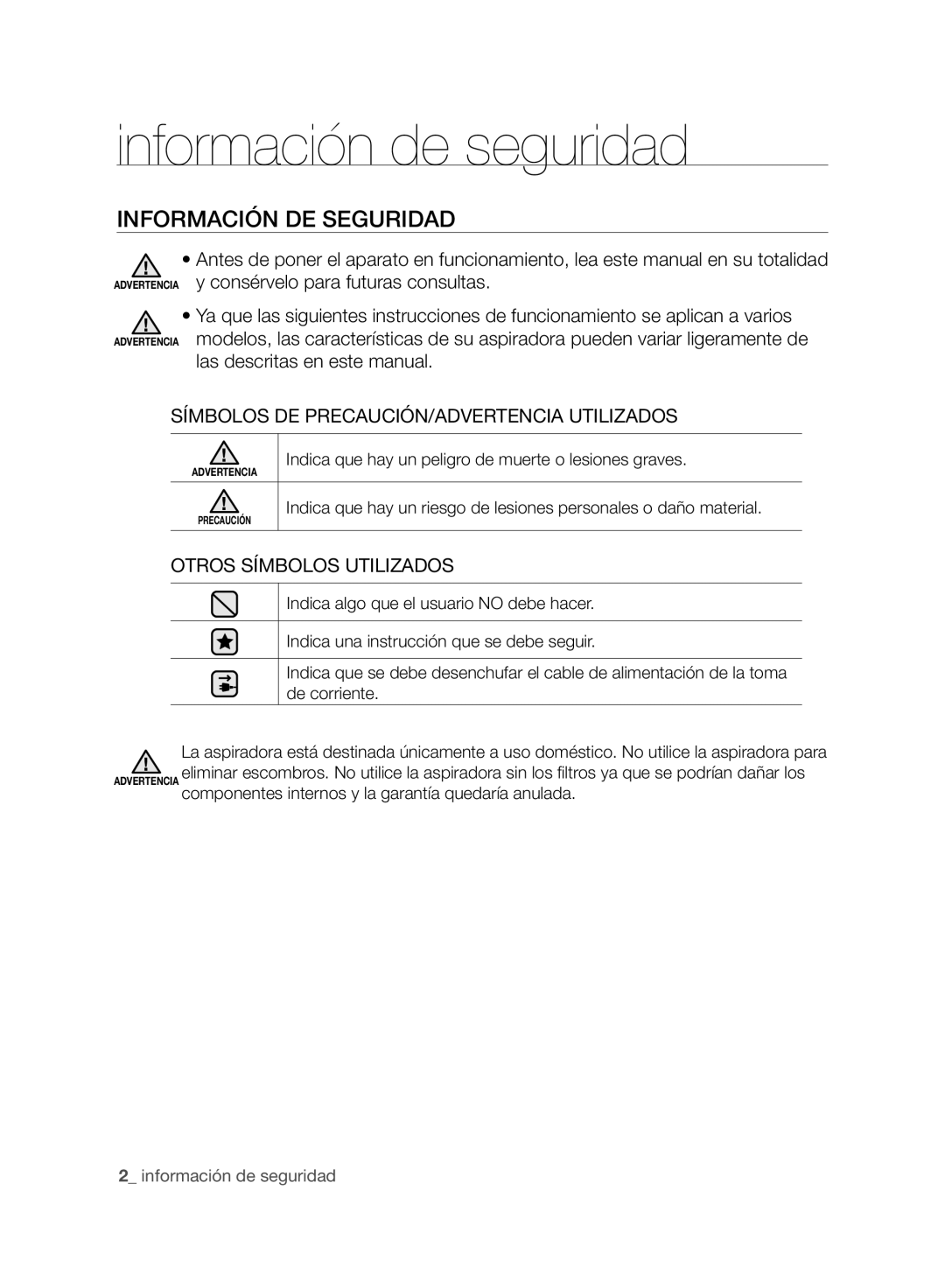 Samsung VCC8830V3B/XET Información de seguridad, Información DE Seguridad, Símbolos DE PRECAUCIÓN/ADVERTENCIA Utilizados 