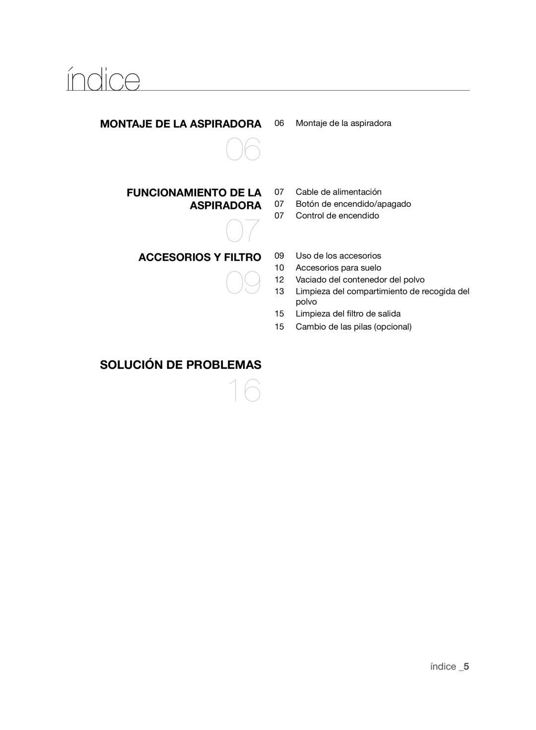 Samsung VCC8830V3B/XEP, VCC8830V3B/XET manual Índice, Montaje DE LA Aspiradora, Funcionamiento DE LA, Accesorios Y Filtro 