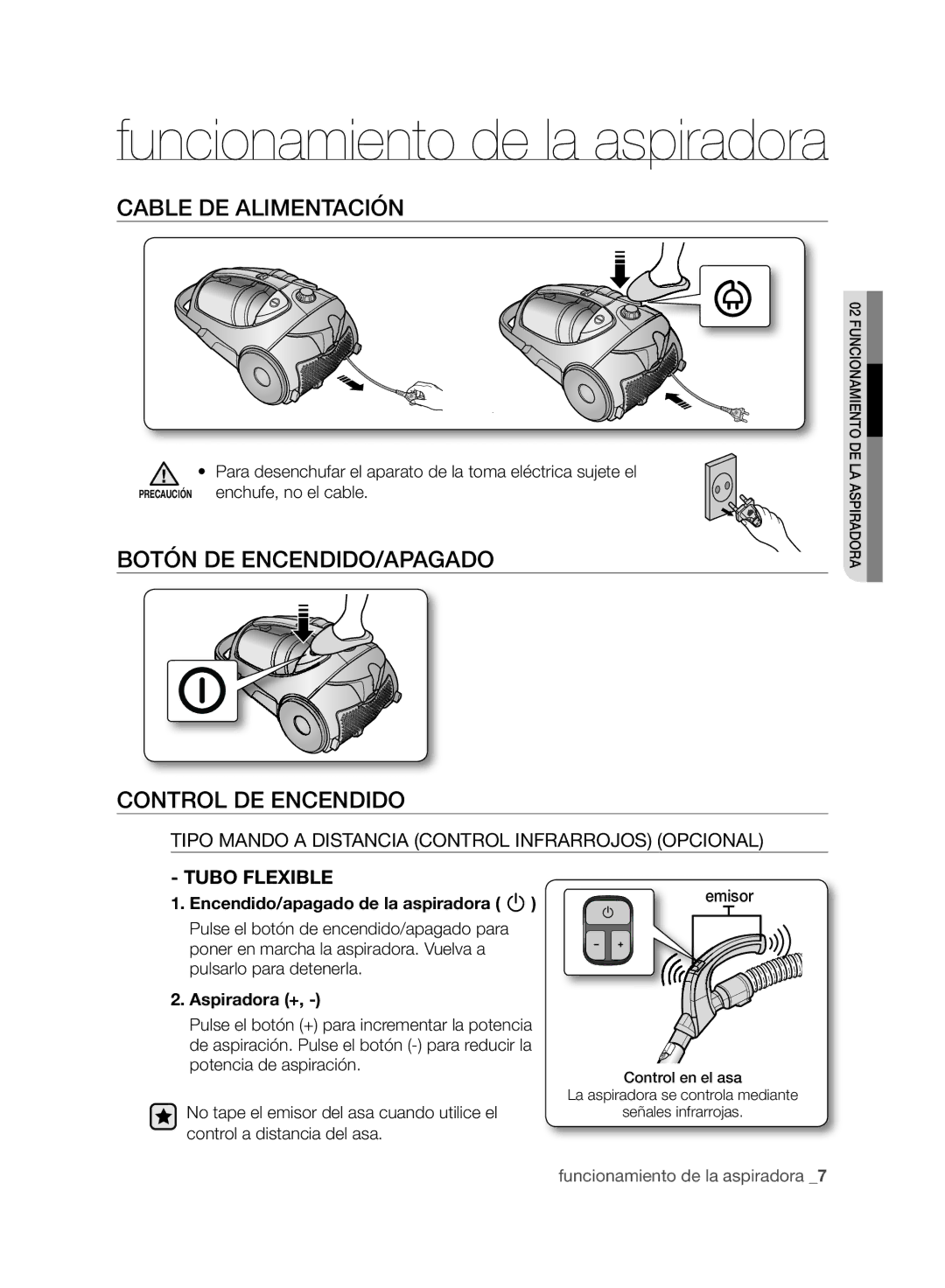 Samsung VCC8830V3B/XEP manual Cable DE Alimentación, Botón DE ENCENDIDO/APAGADO Control DE Encendido, Tubo Flexible 