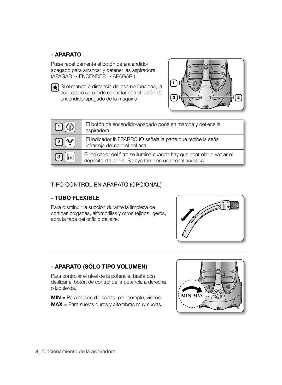 Samsung VCC8830V3B/XET, VCC8830V3B/XEP manual Tipo Control EN Aparato Opcional, Aparato Sólo Tipo Volumen 