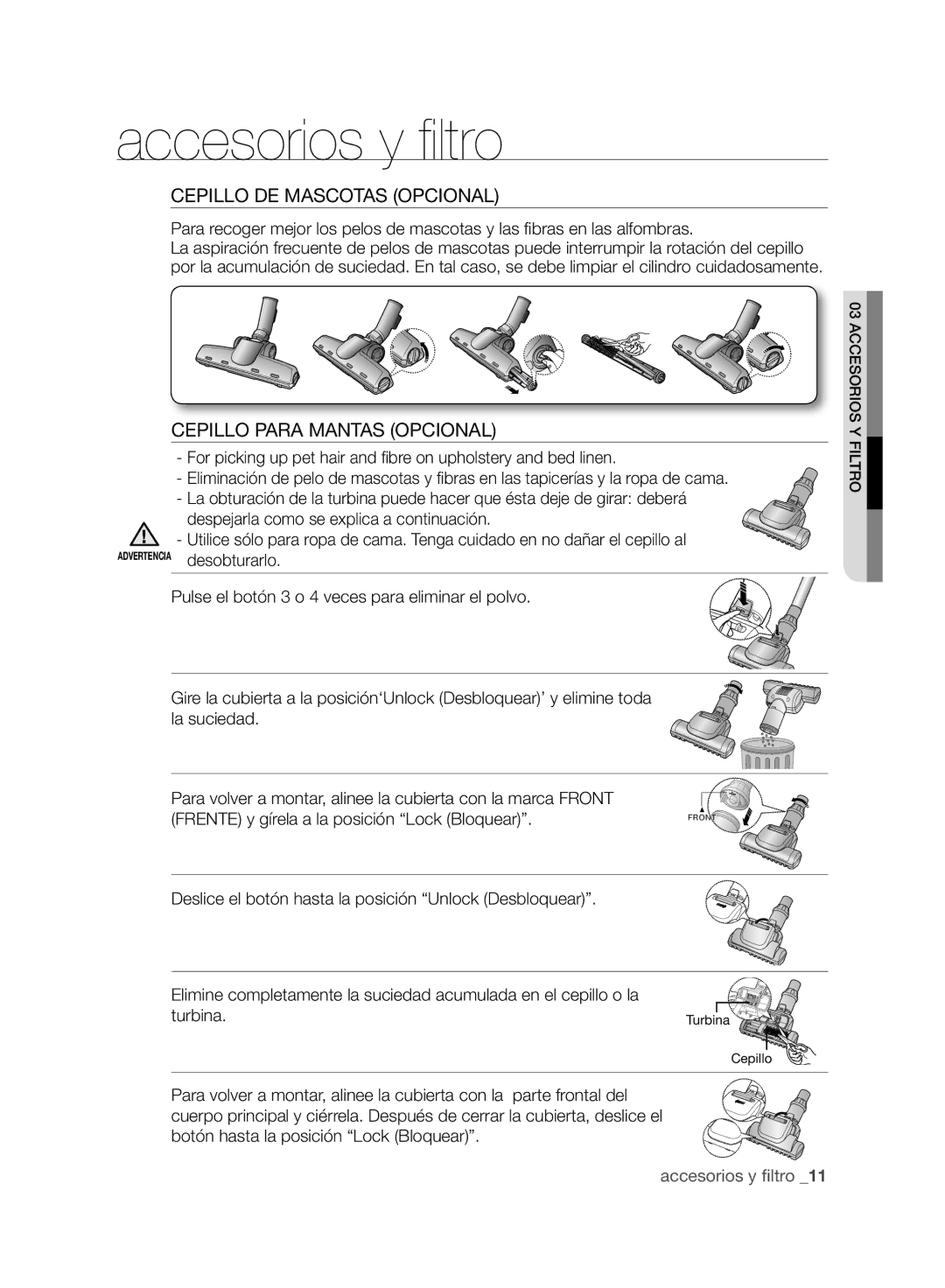 Samsung VCC8830V3B/XEP manual Cepillo Para Mantas Opcional, Deslice el botón hasta la posición Unlock Desbloquear, Turbina 