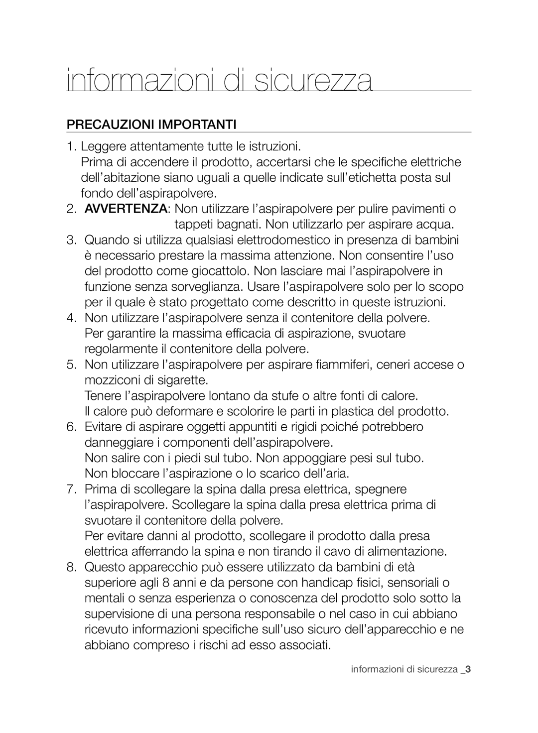 Samsung VCC8830V3B/XEP, VCC8830V3B/XET manual Precauzioni Importanti 