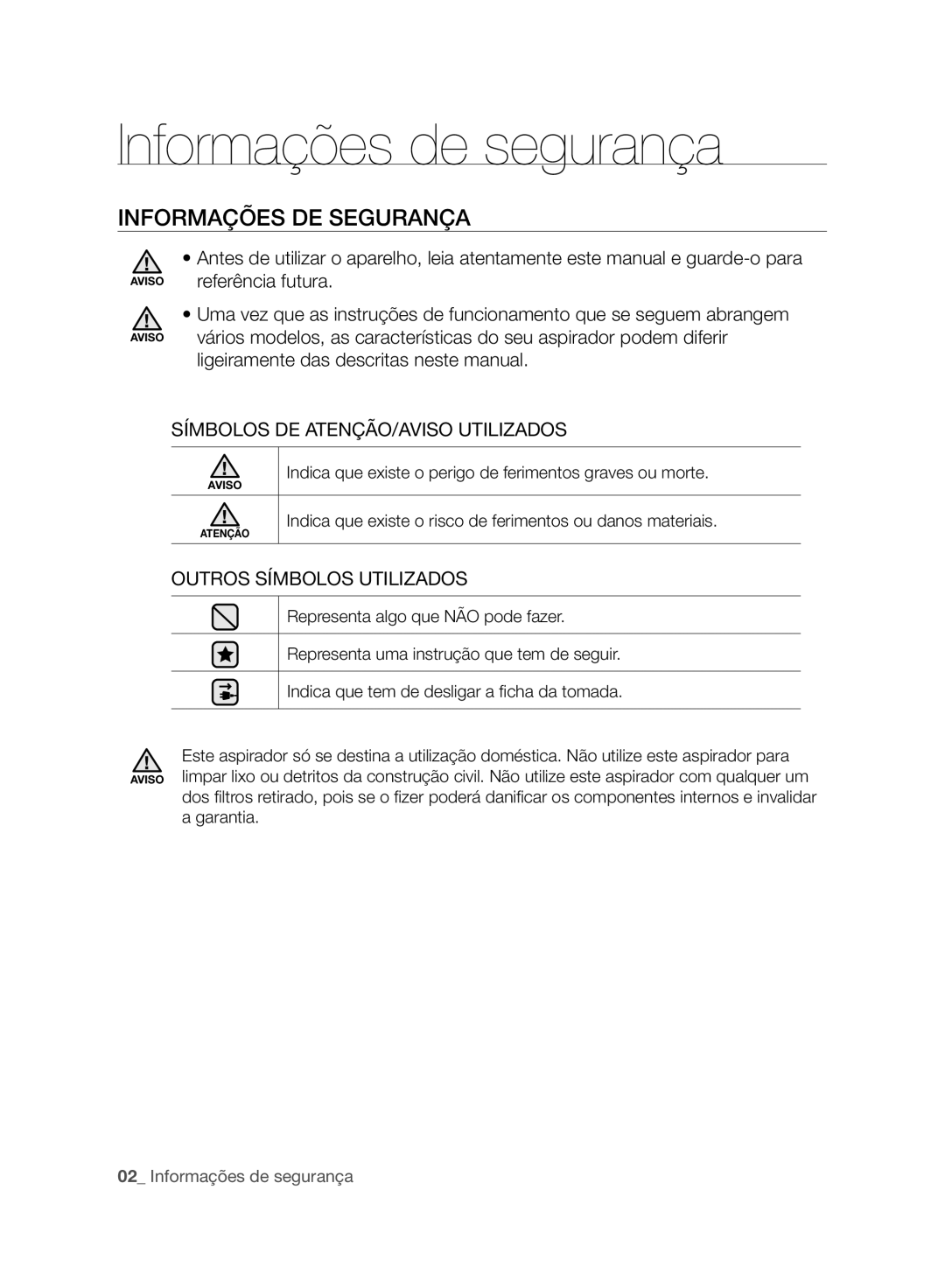 Samsung VCC8830V3B/XET manual Informações de segurança, Informações DE Segurança, Símbolos DE ATENÇÃO/AVISO Utilizados 