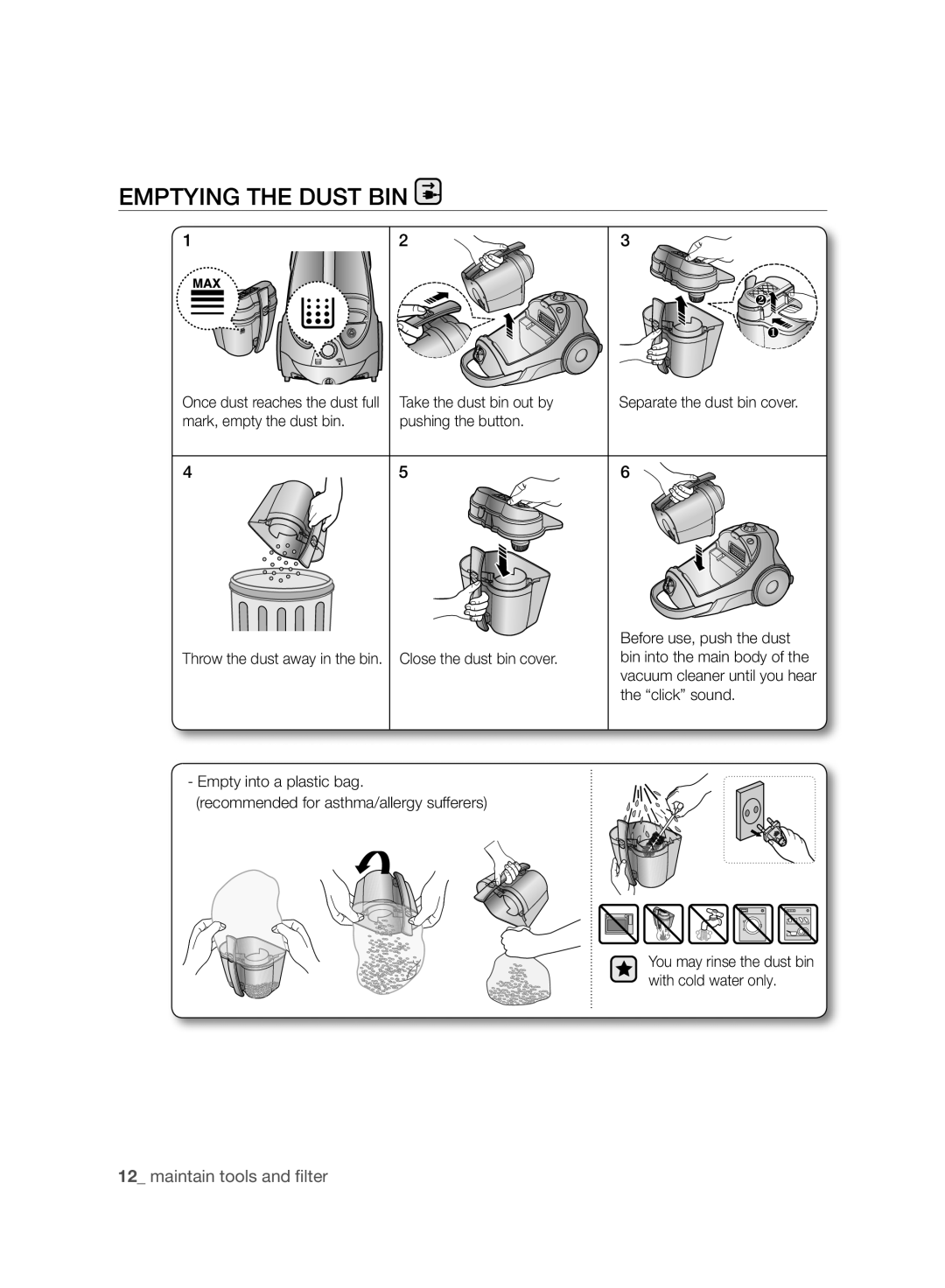 Samsung VCC8830V3R/SML manual Emptying the Dust BIN 