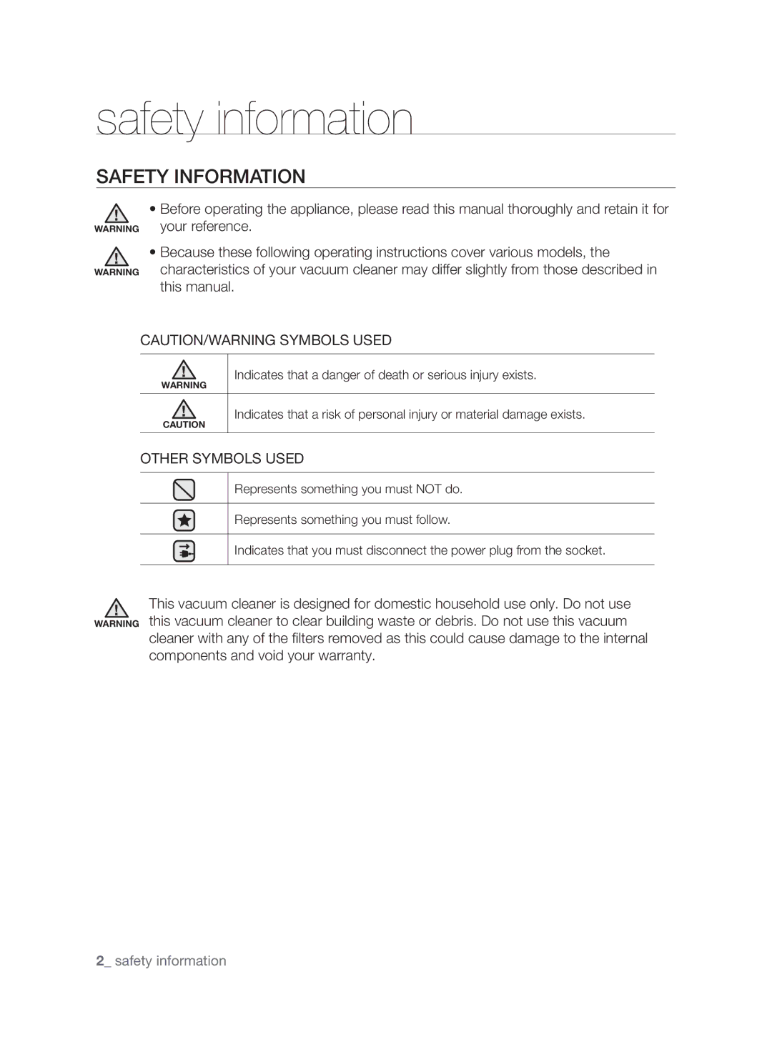 Samsung VCC8830V3R/SML manual Safety information, Safety Information, Other Symbols Used 