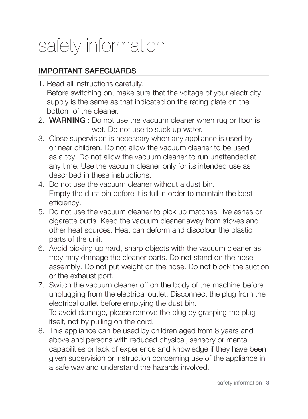 Samsung VCC8830V3R/SML manual Important Safeguards 