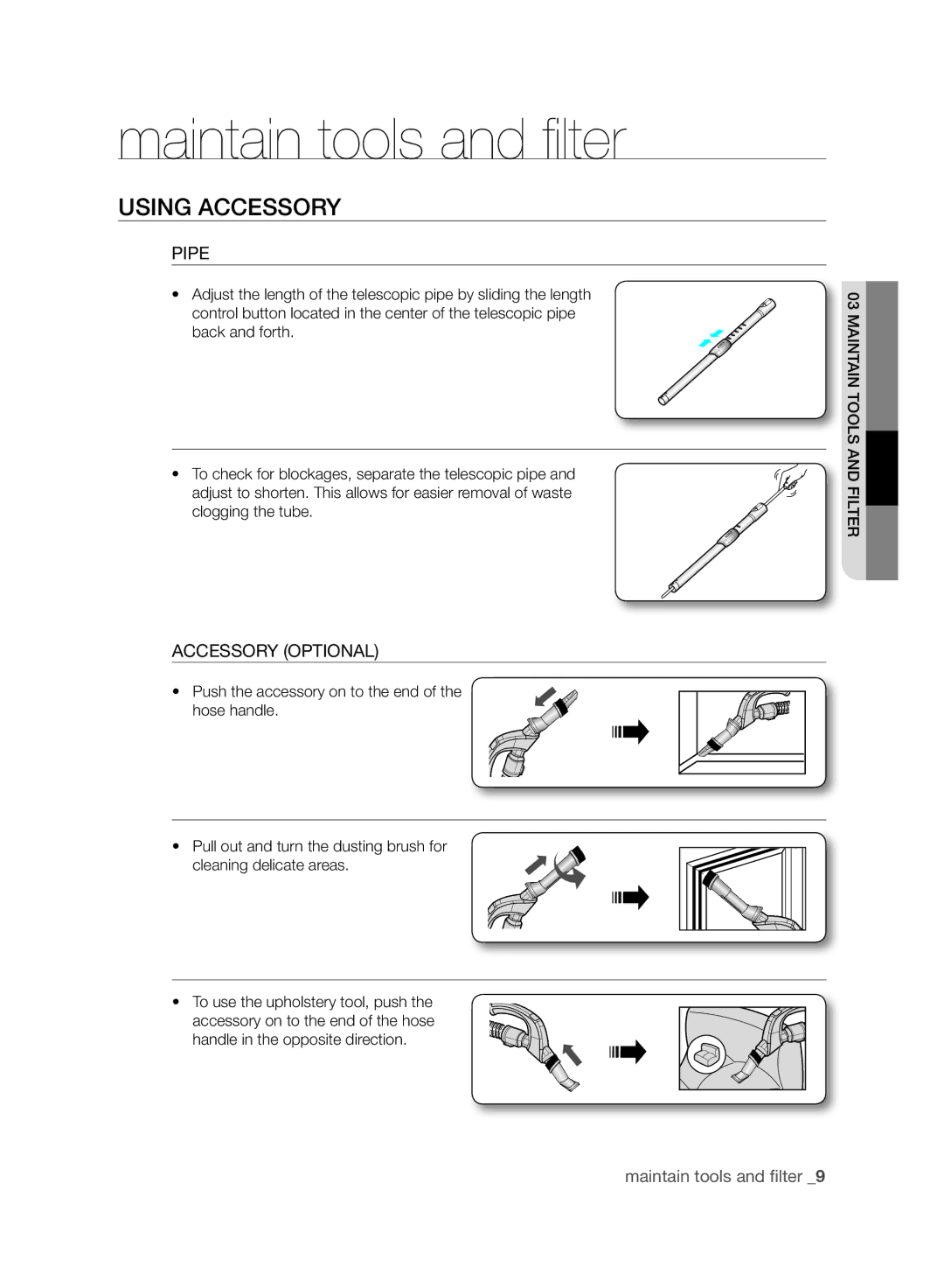 Samsung VCC8830V3R/SML manual Maintain tools and filter, Using Accessory, Pipe, Accessory Optional 