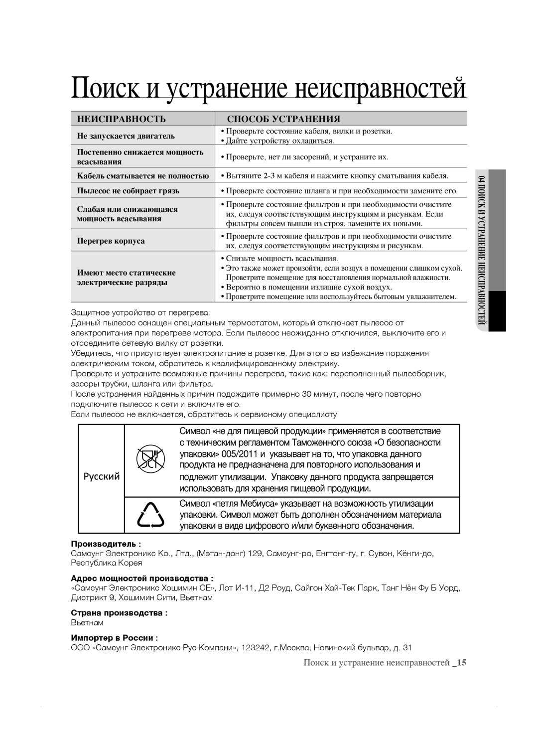 Samsung VCC8872H3K/XEV, VCC8833V3S/XEV, VCC8859H3B/XEV, VCC885AH3R/XEV, VCC885BH36/XEV manual Поиск и устранение неисправностей 