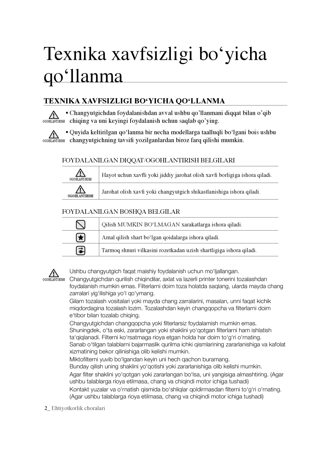 Samsung VCC8858H3R/XEV, VCC8833V3S/XEV manual Texnika xavfsizligi bo‘yicha qo‘llanma, Texnika Xavfsizligi BO‘YICHA QO‘LLANMA 