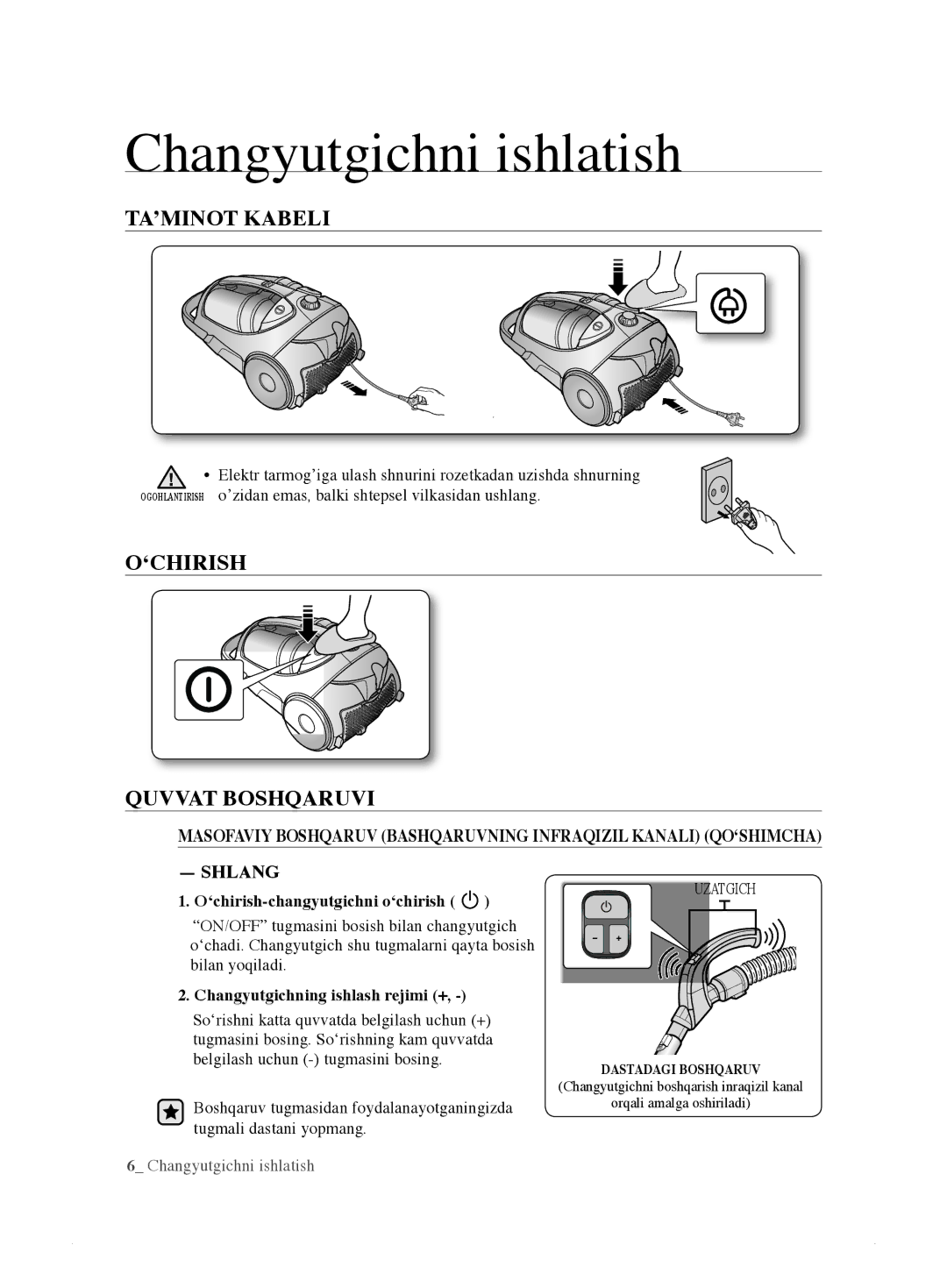 Samsung VCC885BH36/XEV, VCC8833V3S/XEV manual Changyutgichni ishlatish, TA’MINOT Kabeli, ‘CHIRISH Quvvat Boshqaruvi 