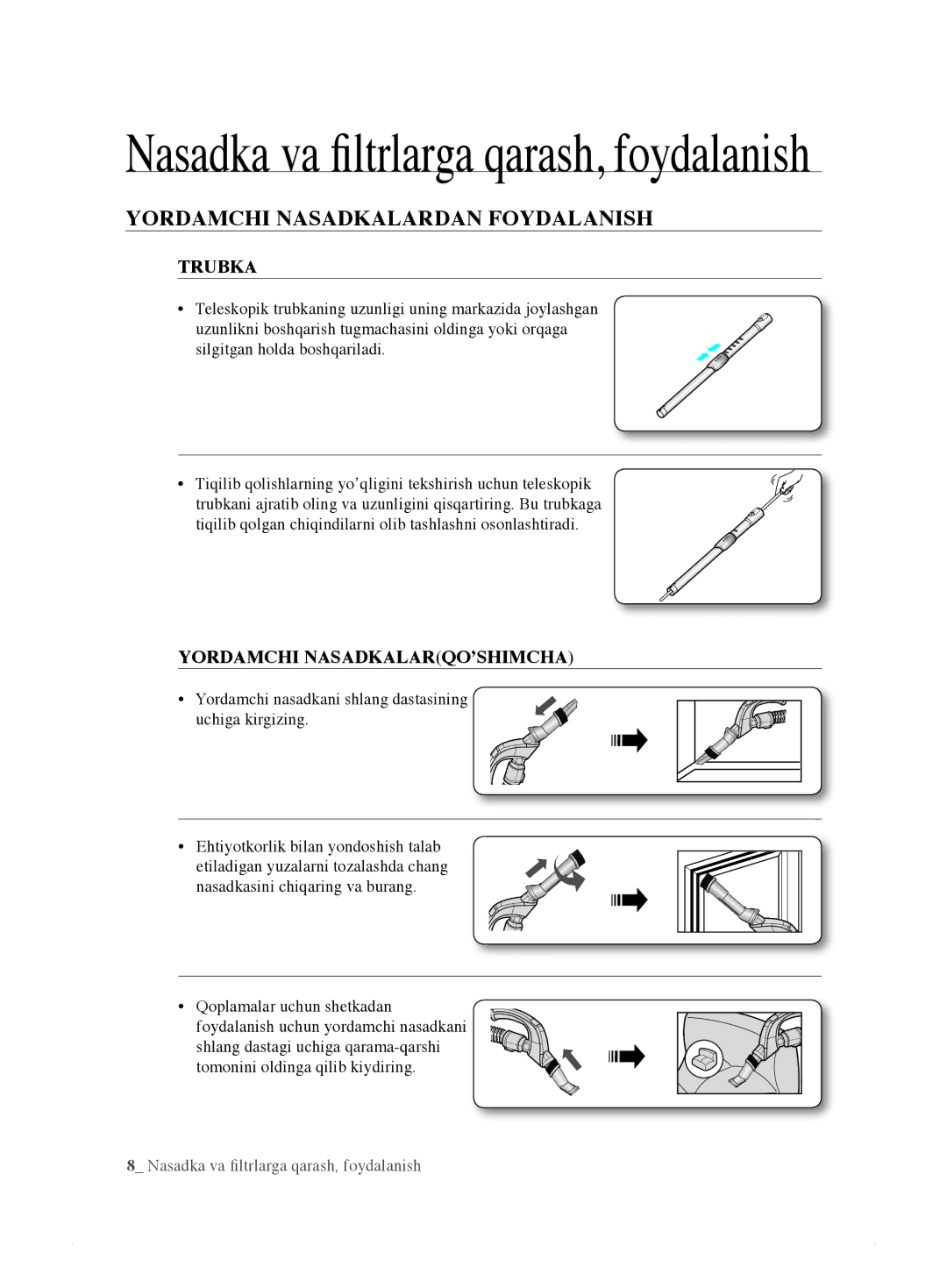 Samsung VCC885BH3B/XEV, VCC8833V3S/XEV manual Yordamchi Nasadkalardan Foydalanish, Trubka, Yordamchi NASADKALARQO’SHIMCHA 