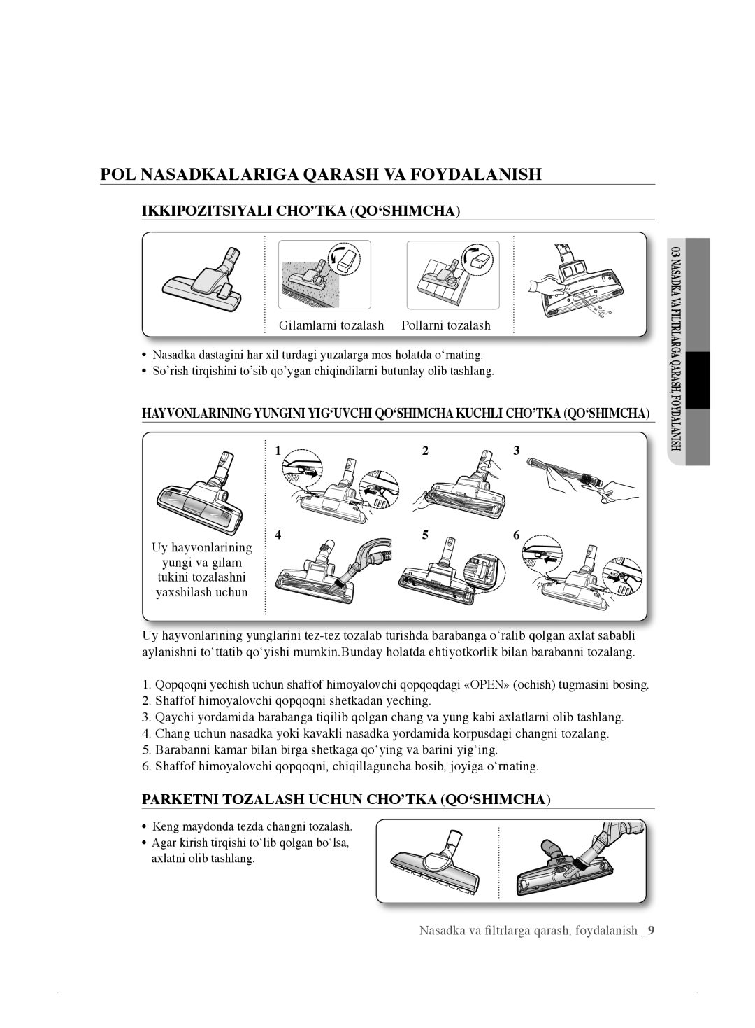 Samsung VCC8873H3B/XEV, VCC8833V3S/XEV manual POL Nasadkalariga Qarash VA Foydalanish, Ikkipozitsiyali CHO’TKA QO‘SHIMCHA 