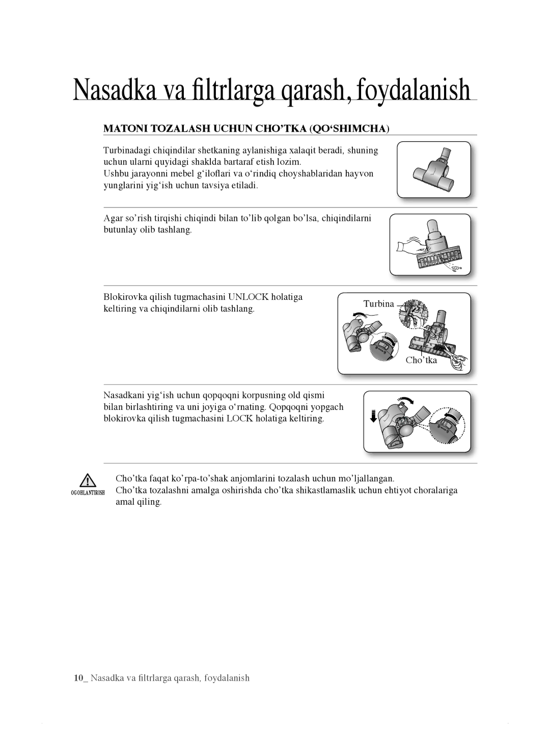 Samsung VCC8835V3S/XEV, VCC8833V3S/XEV, VCC8859H3B/XEV, VCC885AH3R/XEV manual Matoni Tozalash Uchun CHO’TKA QO‘SHIMCHA 