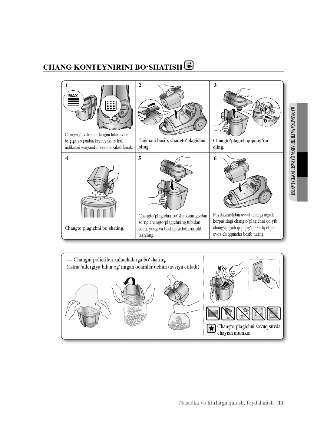 Samsung VCC885HH3R/XEV, VCC8833V3S/XEV, VCC8859H3B/XEV, VCC885AH3R/XEV, VCC885BH36/XEV manual Chang Konteynirini BO‘SHATISH 