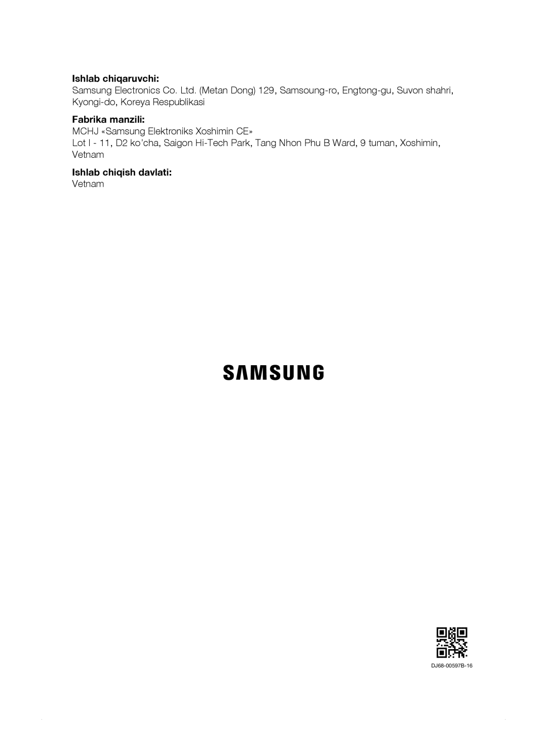 Samsung VCC8874H35/XEV, VCC8833V3S/XEV, VCC8859H3B/XEV, VCC885AH3R/XEV, VCC885BH36/XEV, VCC8871H3B/XEV Ishlab chiqish davlati 