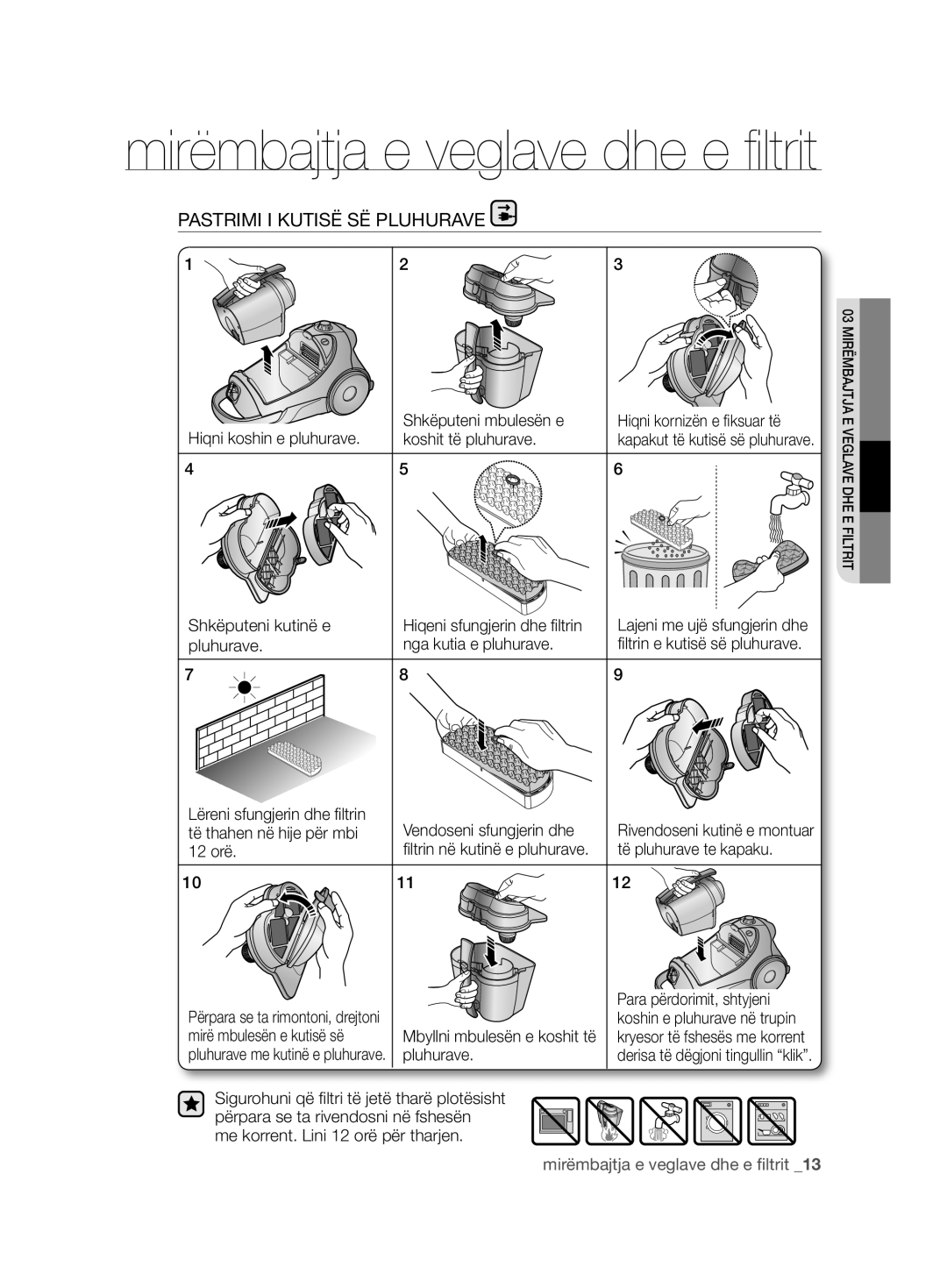 Samsung VCC8850H3R/XEO, VCC8850H3B/XEC, VCC8850H3R/BOL, VCC88E0H3R/BOL manual Pastrimi I Kutisë SË Pluhurave 