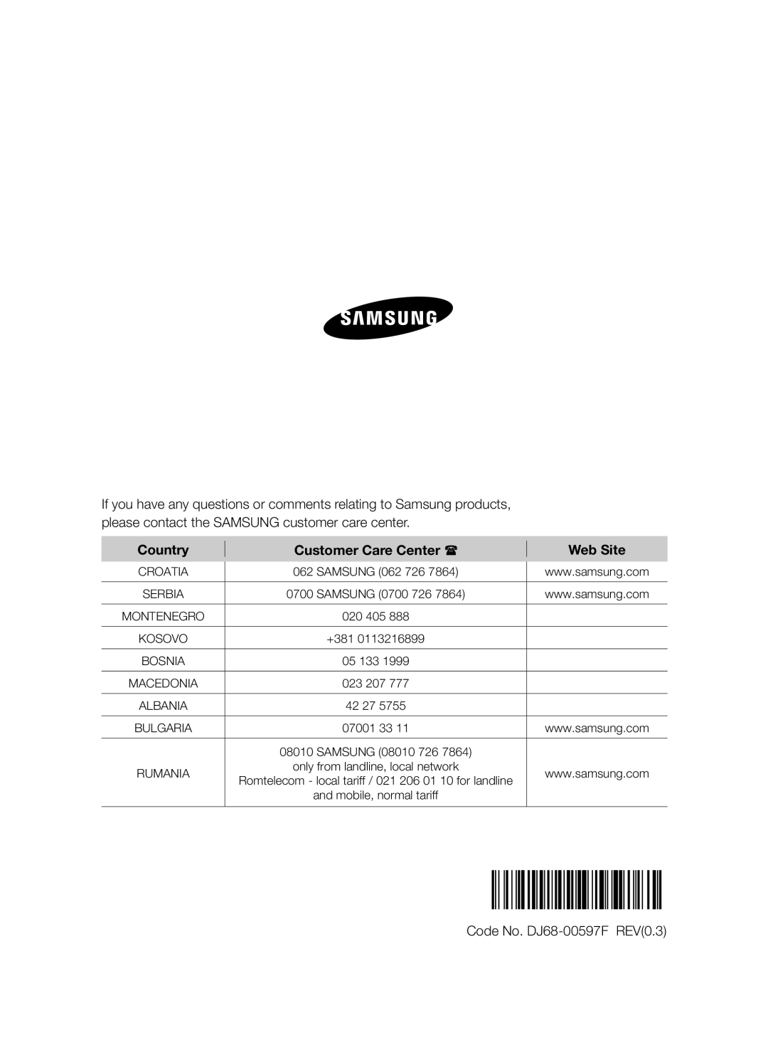 Samsung VCC8850H3B/XEC, VCC8850H3R/BOL, VCC88E0H3R/BOL Country Customer Care Center Web Site, Code No. DJ68-00597F REV0.3 