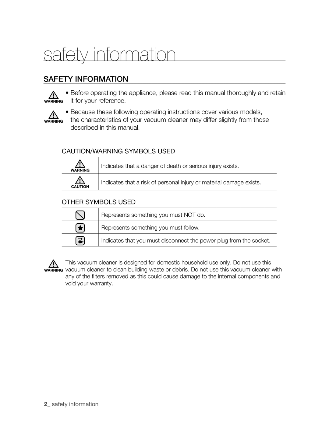 Samsung VCC8850H3B/XEC, VCC8850H3R/BOL, VCC88E0H3R/BOL manual Safety information, Safety Information, Other Symbols Used 