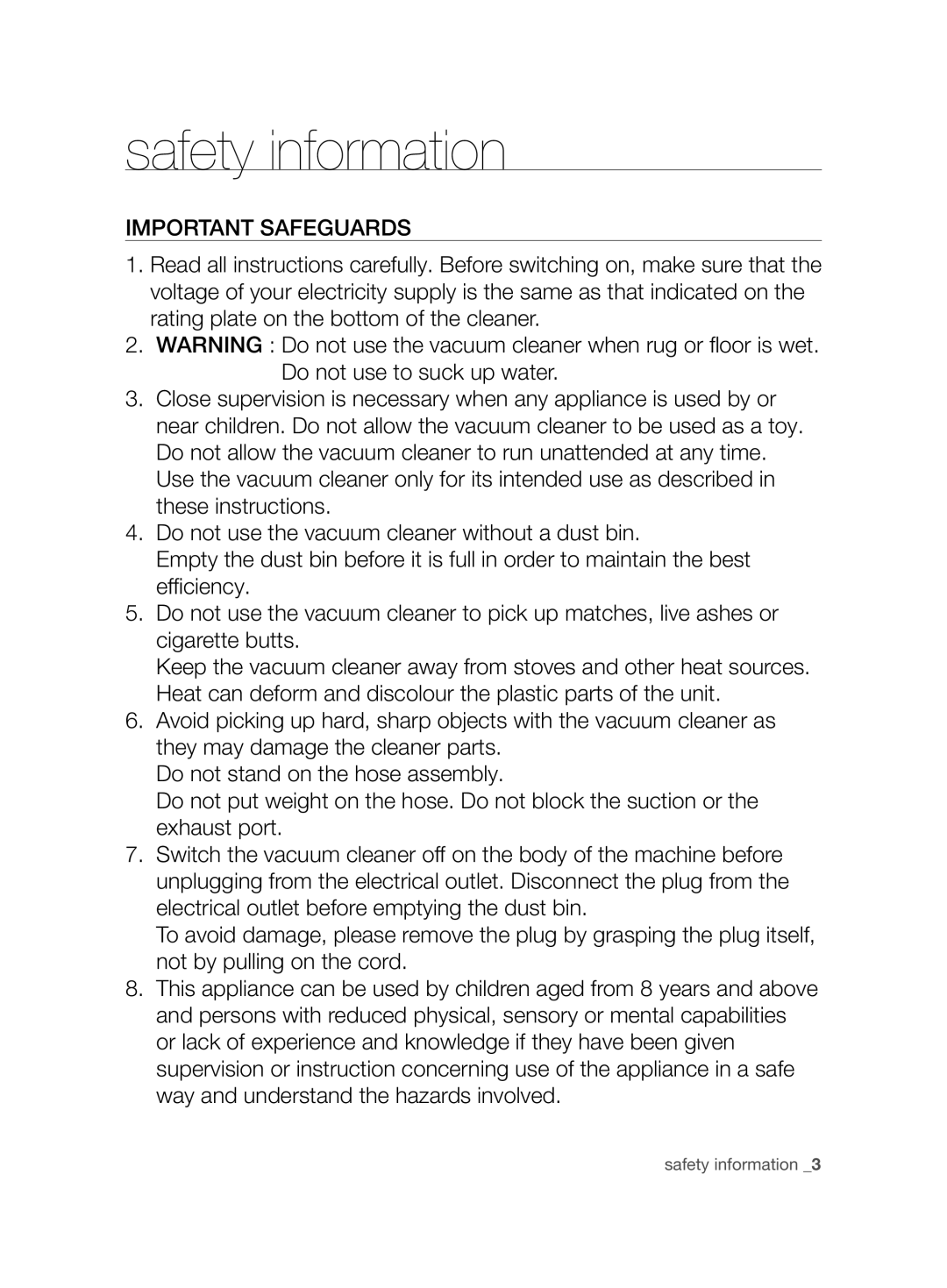 Samsung VCC8850H3R/BOL, VCC8850H3B/XEC, VCC88E0H3R/BOL, VCC8850H3R/XEO manual Important Safeguards 