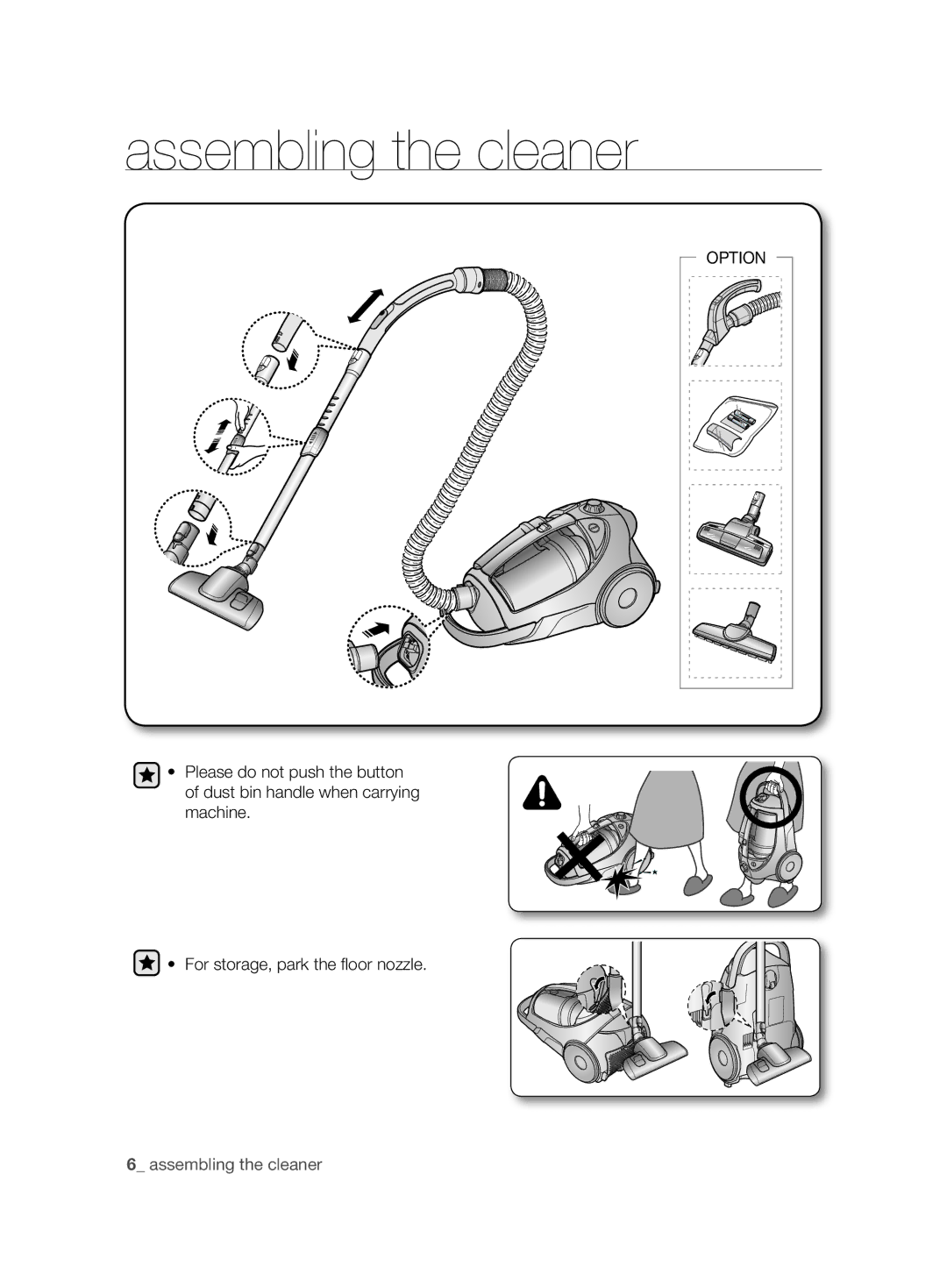 Samsung VCC8850H3B/XEC, VCC8850H3R/BOL, VCC88E0H3R/BOL, VCC8850H3R/XEO manual Assembling the cleaner 