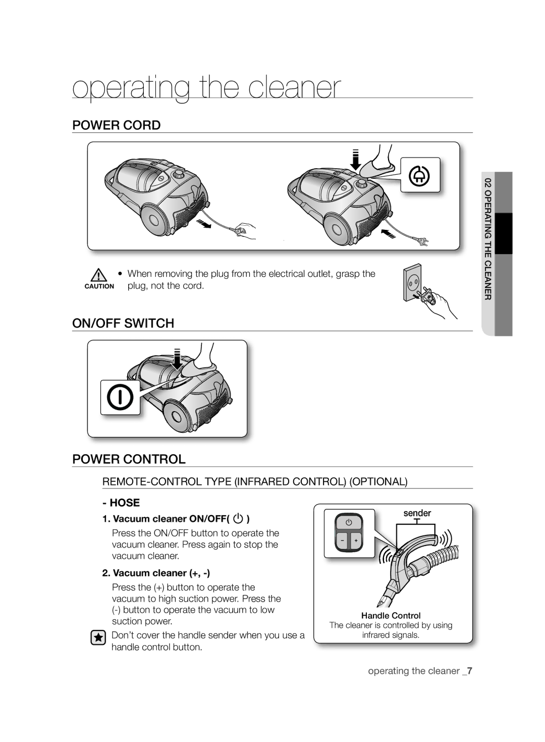 Samsung VCC8850H3R/BOL, VCC8850H3B/XEC, VCC88E0H3R/BOL Operating the cleaner, Power Cord, ON/OFF Switch Power Control, Hose 