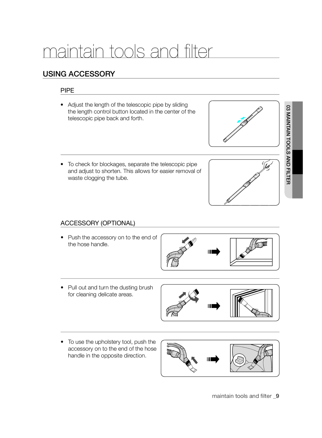 Samsung VCC8850H3R/XEO, VCC8850H3B/XEC, VCC8850H3R/BOL Maintain tools and ﬁ lter, Using Accessory, Pipe, Accessory Optional 