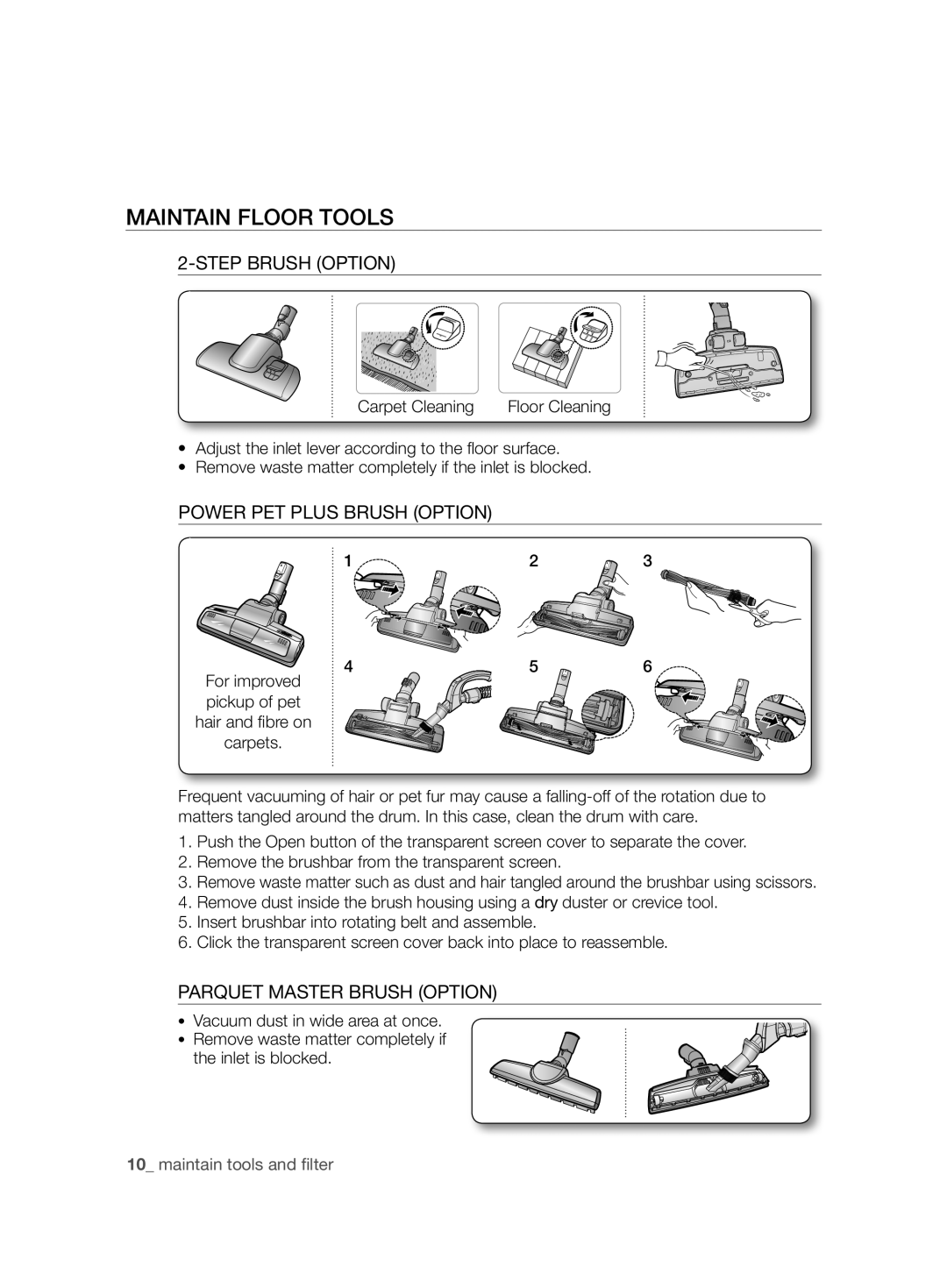 Samsung VCC8850H3B/XEC Maintain Floor Tools, Step Brush Option, Power PET Plus Brush Option, Parquet Master Brush Option 