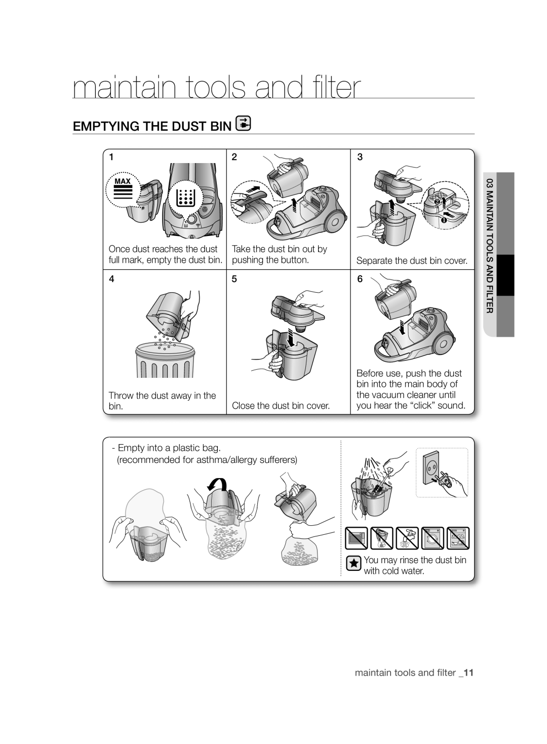 Samsung VCC8850H3R/BOL manual Emptying the Dust BIN, Take the dust bin out by, Pushing the button, Throw the dust away 