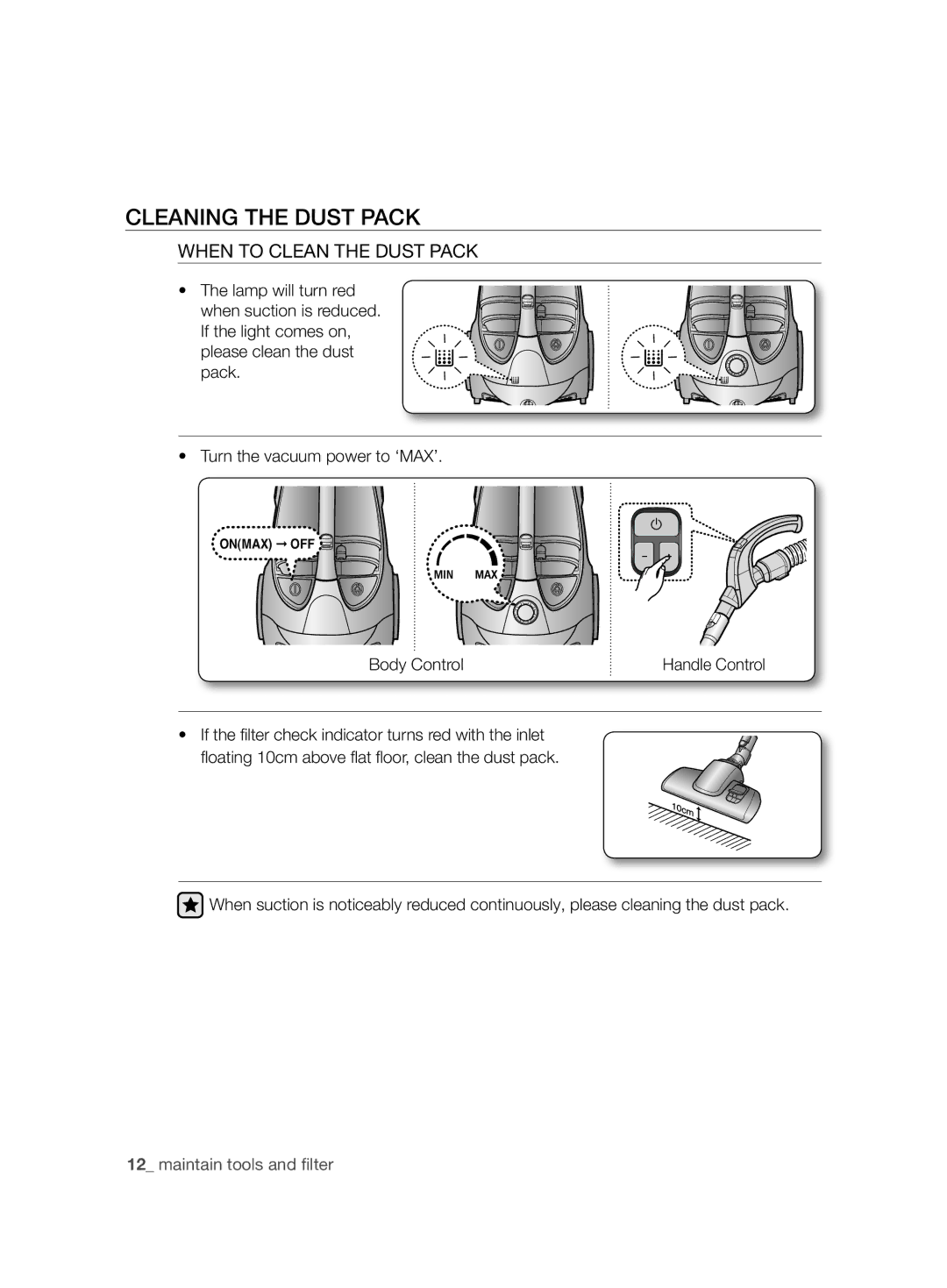 Samsung VCC88E0H3R/BOL, VCC8850H3B/XEC, VCC8850H3R/BOL Cleaning the Dust Pack, When to Clean the Dust Pack, Body Control 