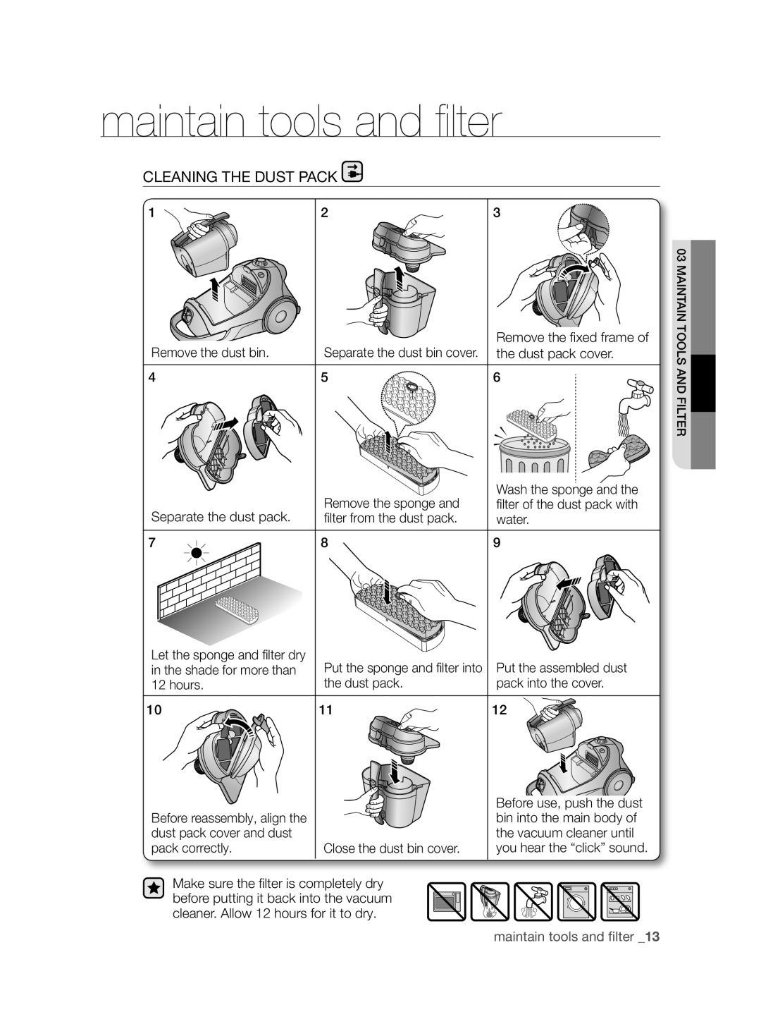 Samsung VCC8850H3R/XEO, VCC8850H3B/XEC, VCC8850H3R/BOL, VCC88E0H3R/BOL manual Cleaning the Dust Pack 