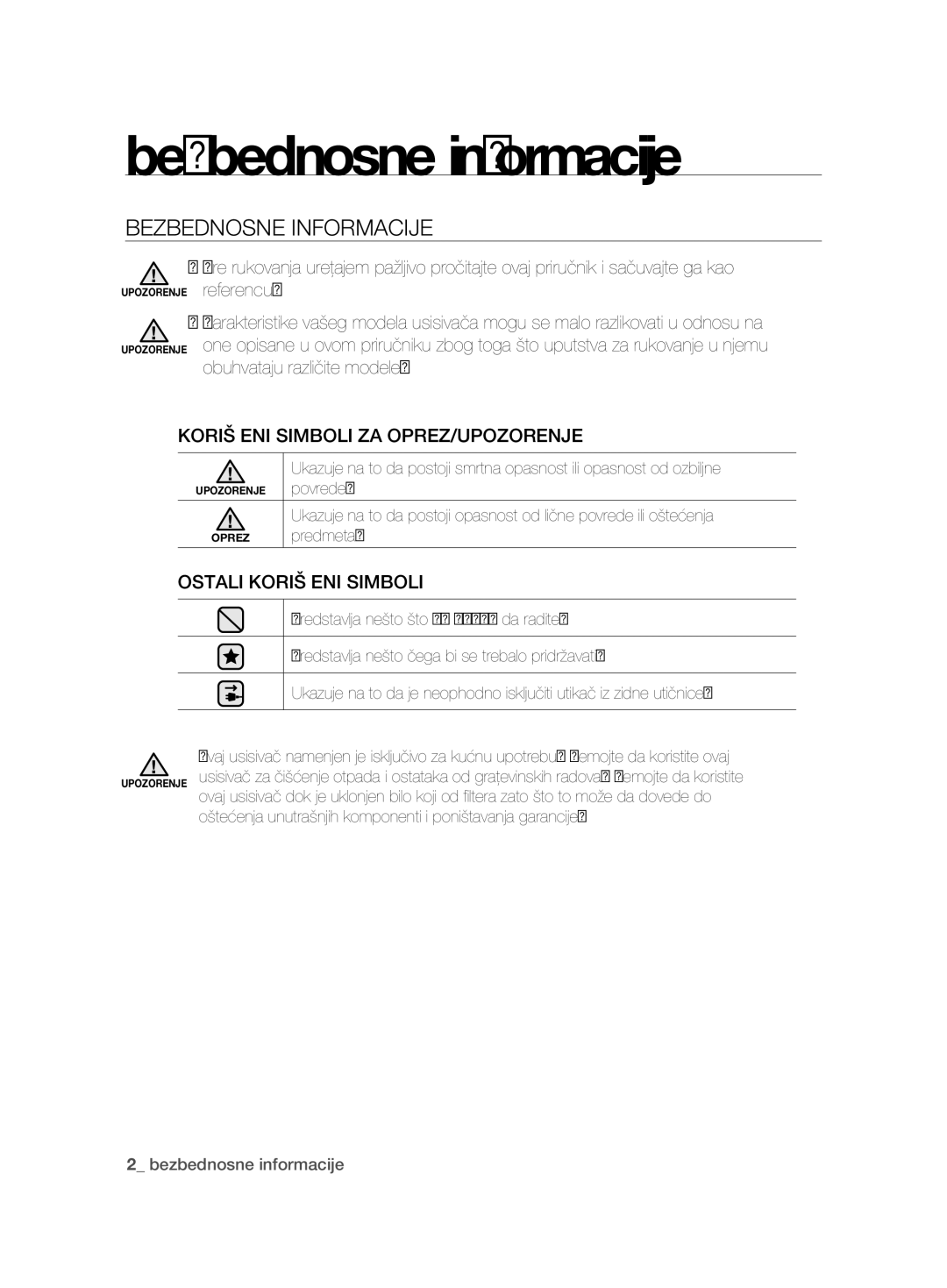Samsung VCC8850H3B/XEC manual Bezbednosne informacije, Bezbednosne Informacije, Korišćeni Simboli ZA OPREZ/UPOZORENJE 
