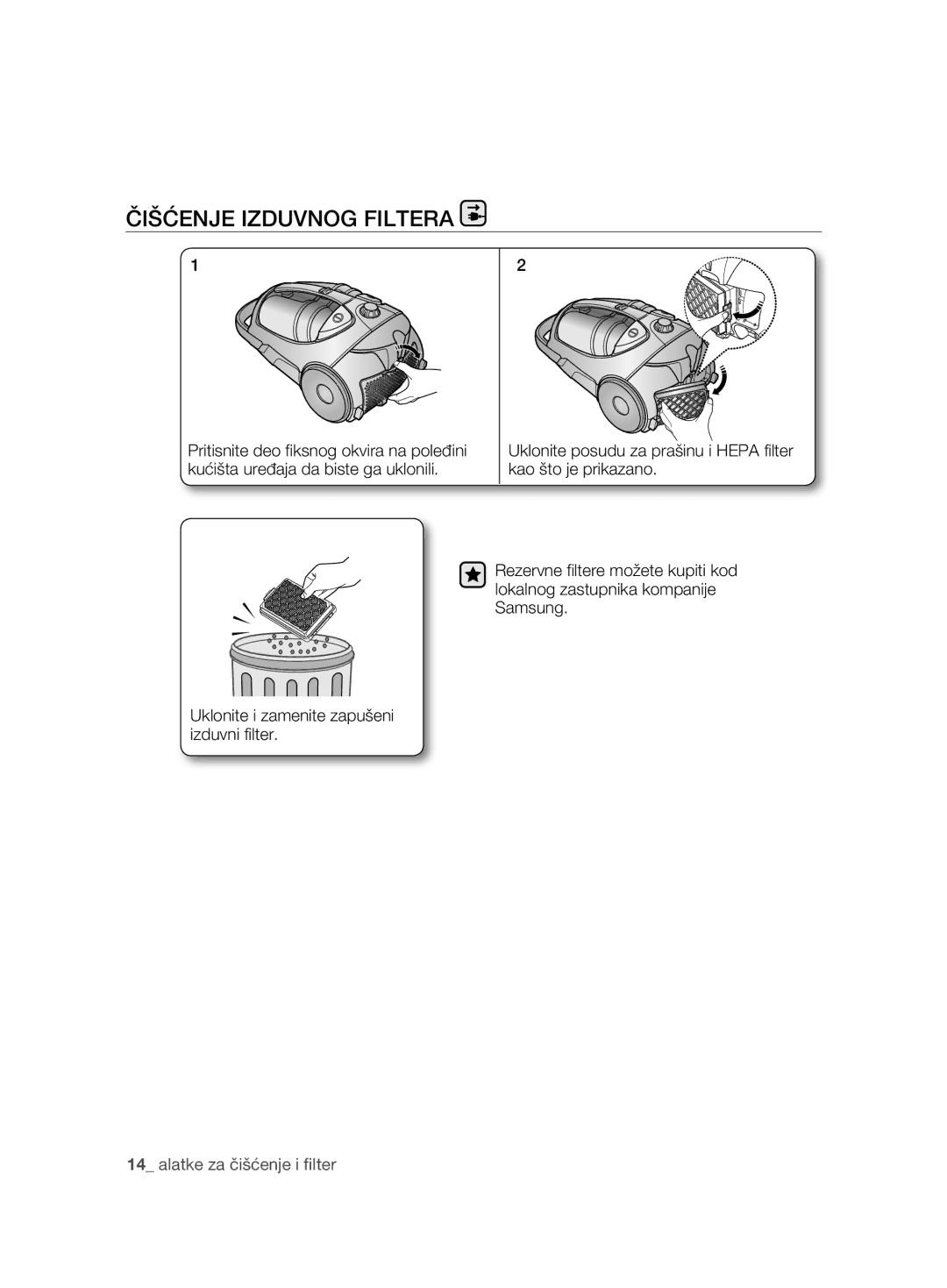 Samsung VCC8850H3B/XEC, VCC8850H3R/BOL, VCC88E0H3R/BOL, VCC8850H3R/XEO manual Čišćenje Izduvnog Filtera 