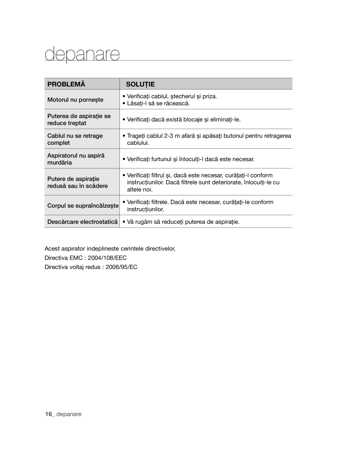 Samsung VCC88E0H3R/BOL manual Depanare, Problemă Soluţie, Veriﬁcaţi ﬁltrele. Dacă este necesar, curăţaţi-le conform 