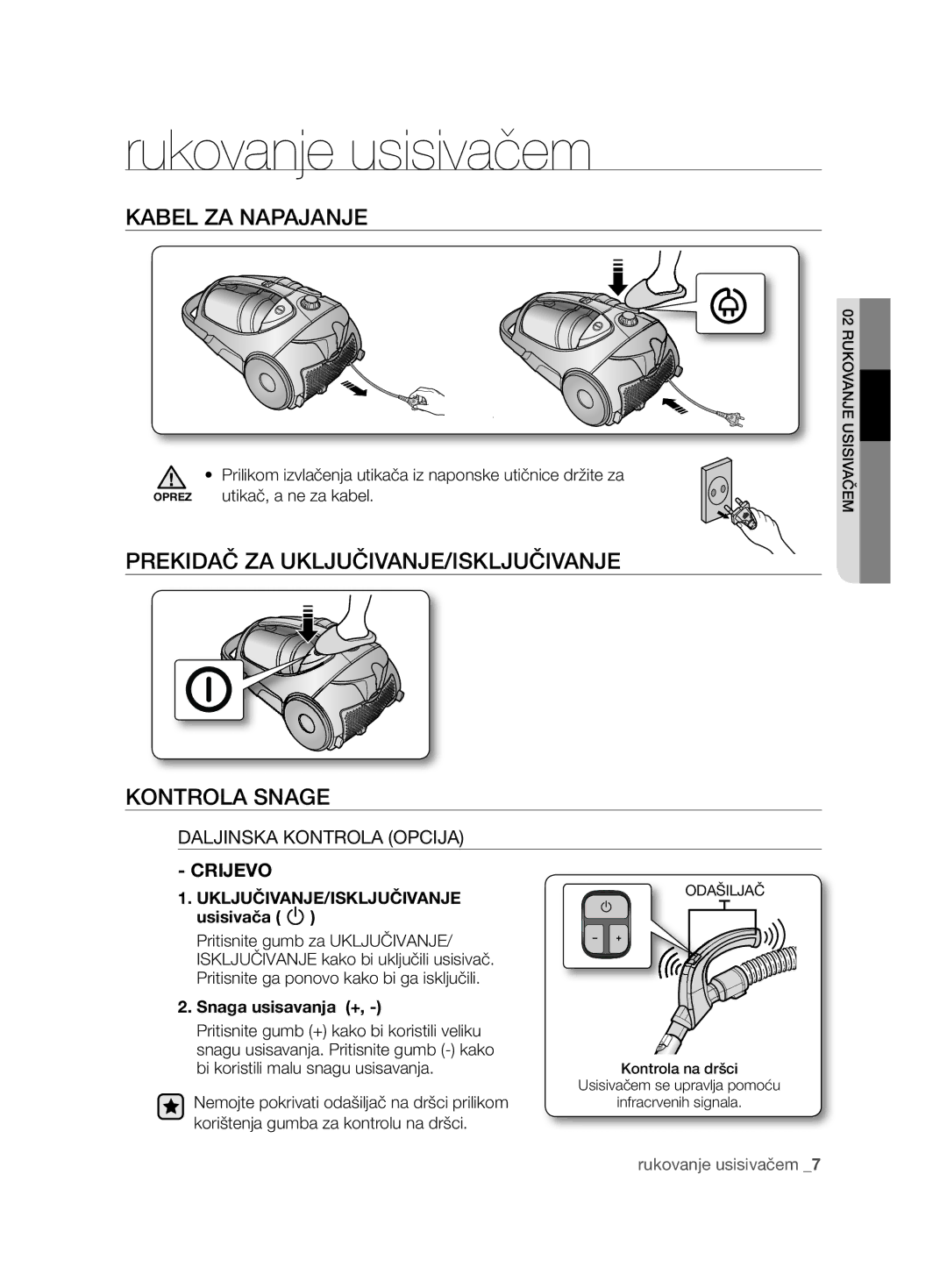 Samsung VCC8850H3R/BOL, VCC8850H3B/XEC Kabel ZA Napajanje, Prekidač ZA UKLJUČIVANJE/ISKLJUČIVANJE Kontrola Snage, Crijevo 