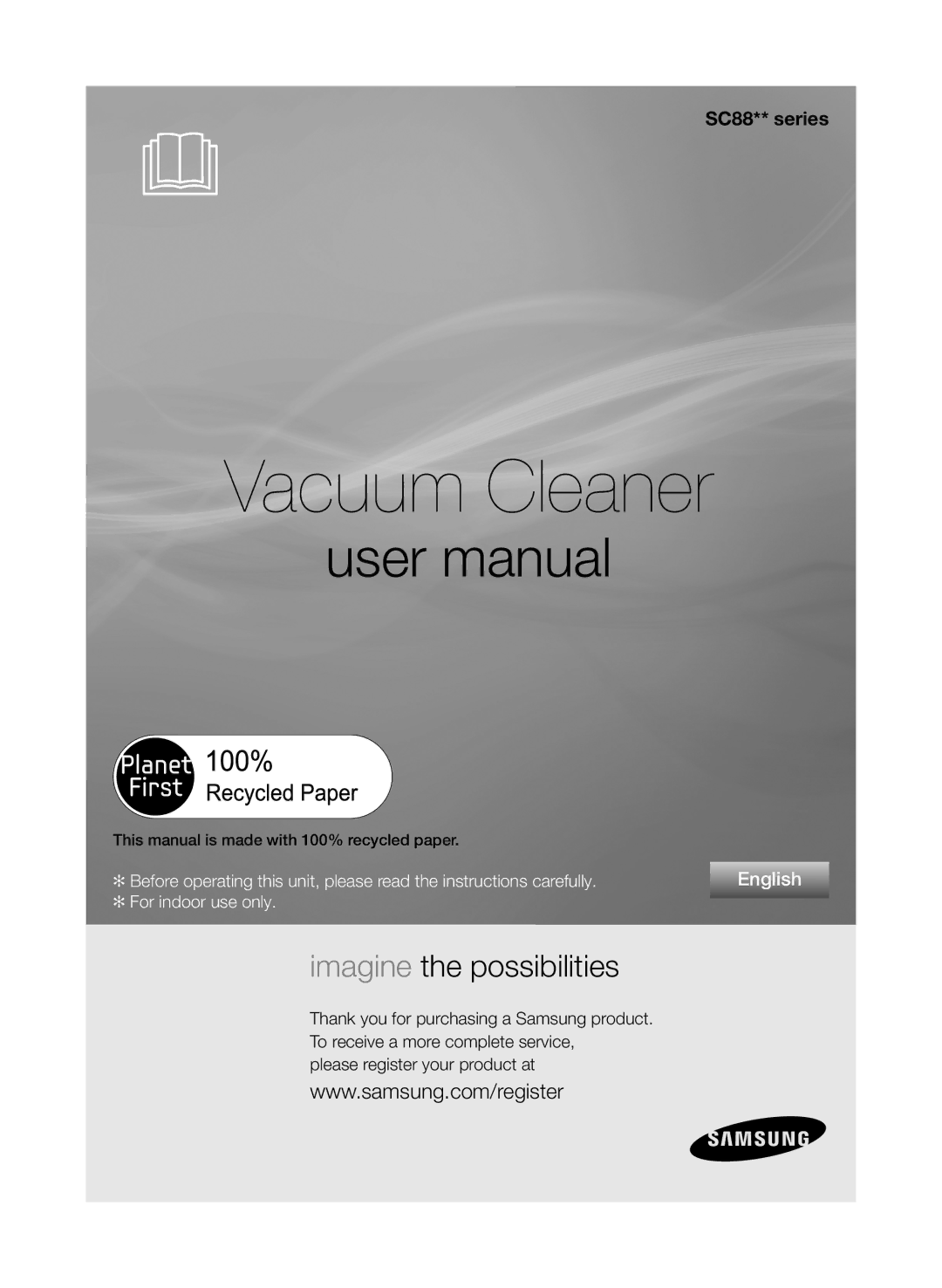 Samsung VCC8850H3R/XEE, VCC8850H3B/XEE manual Vacuum Cleaner, Please register your product at 